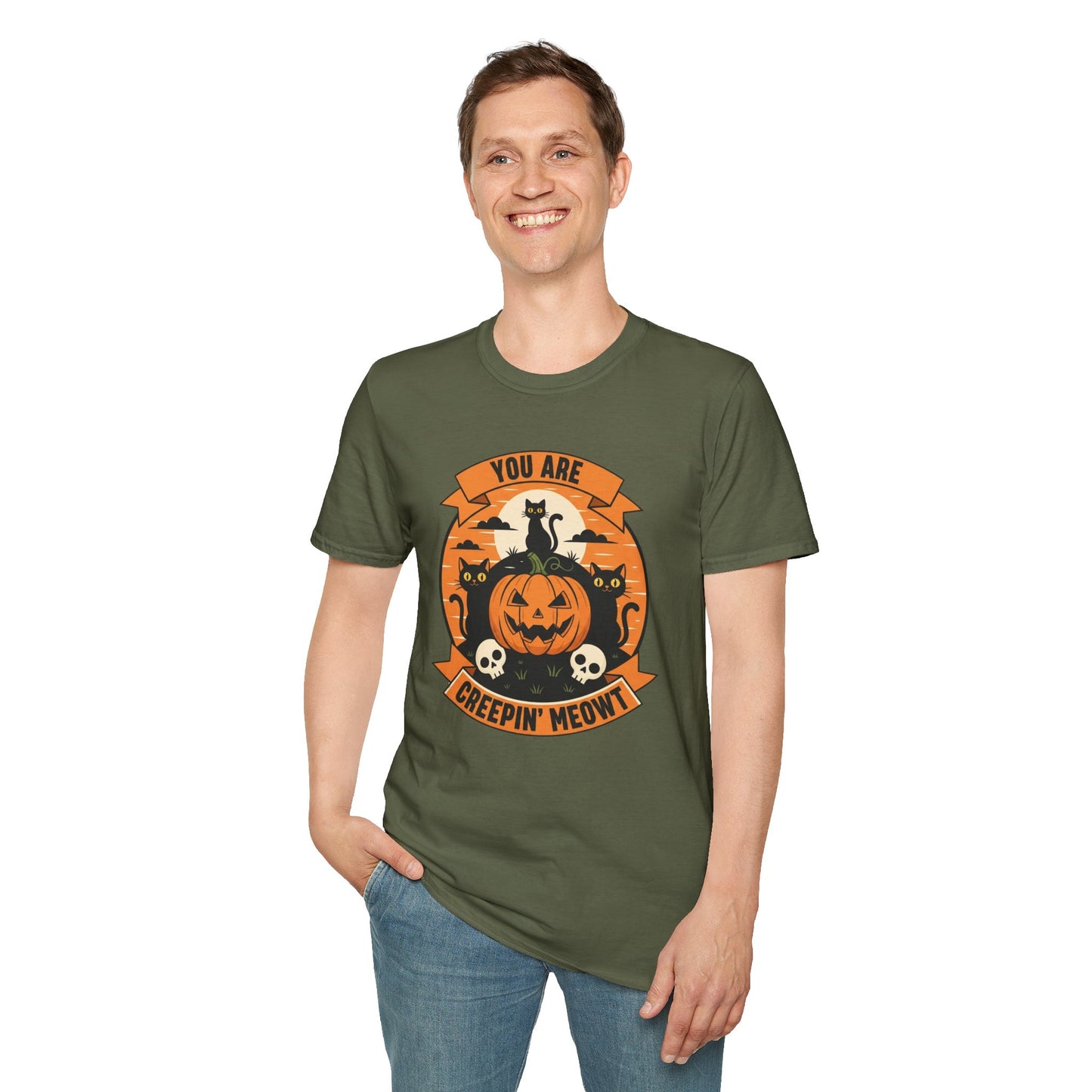 You Are Creepin' Meowt Halloween Cat T-Shirt | Funny Spooky Cat Tee | Black Cat Pumpkin Shirt | Cute Halloween Gift for Cat Lovers