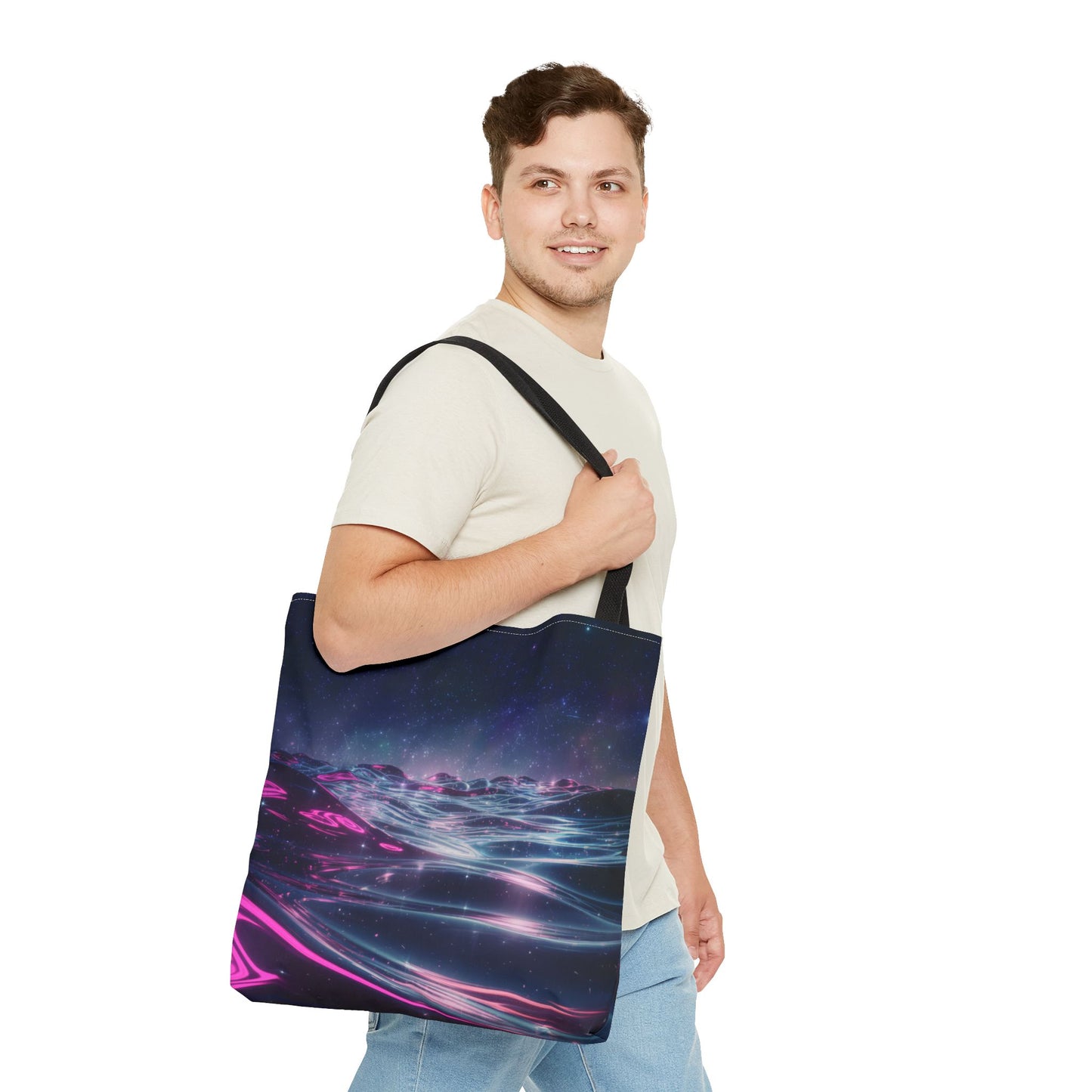 Neon Wave Horizon Tote Bag, Futuristic Ocean Design With Pink And Blue Light, Sci-Fi Aesthetic Reusable Tote For Travel, Gifts, And Everyday Use