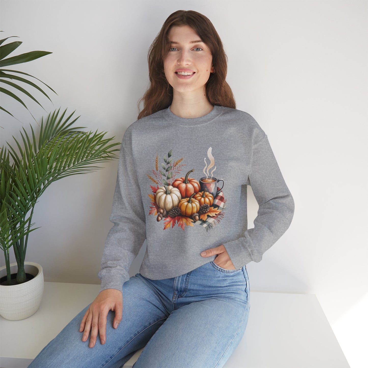 Fall Pumpkin Sweatshirt, Cozy Autumn Crewneck, Thanksgiving Sweater With Pumpkins And Coffee, Fall Leaves Pullover, Seasonal Gift