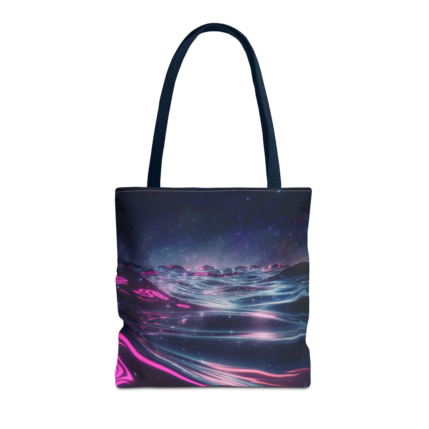 Neon Wave Horizon Tote Bag, Futuristic Ocean Design With Pink And Blue Light, Sci-Fi Aesthetic Reusable Tote For Travel, Gifts, And Everyday Use
