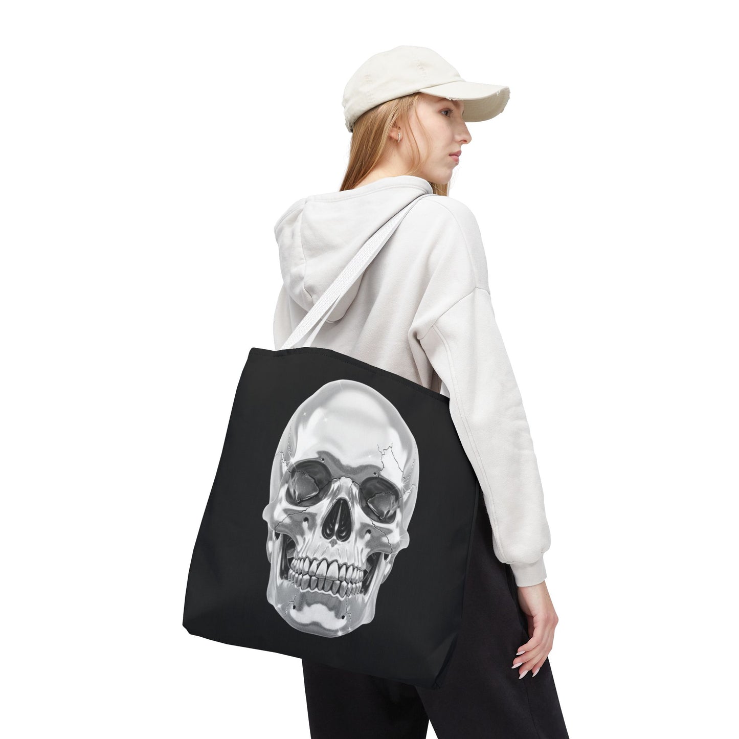 Chrome Skull Tote Bag, Gothic Halloween Canvas Tote, Metallic Skull Design Bag, Spooky Season Accessory, Skull Gift Tote For Horror Fans