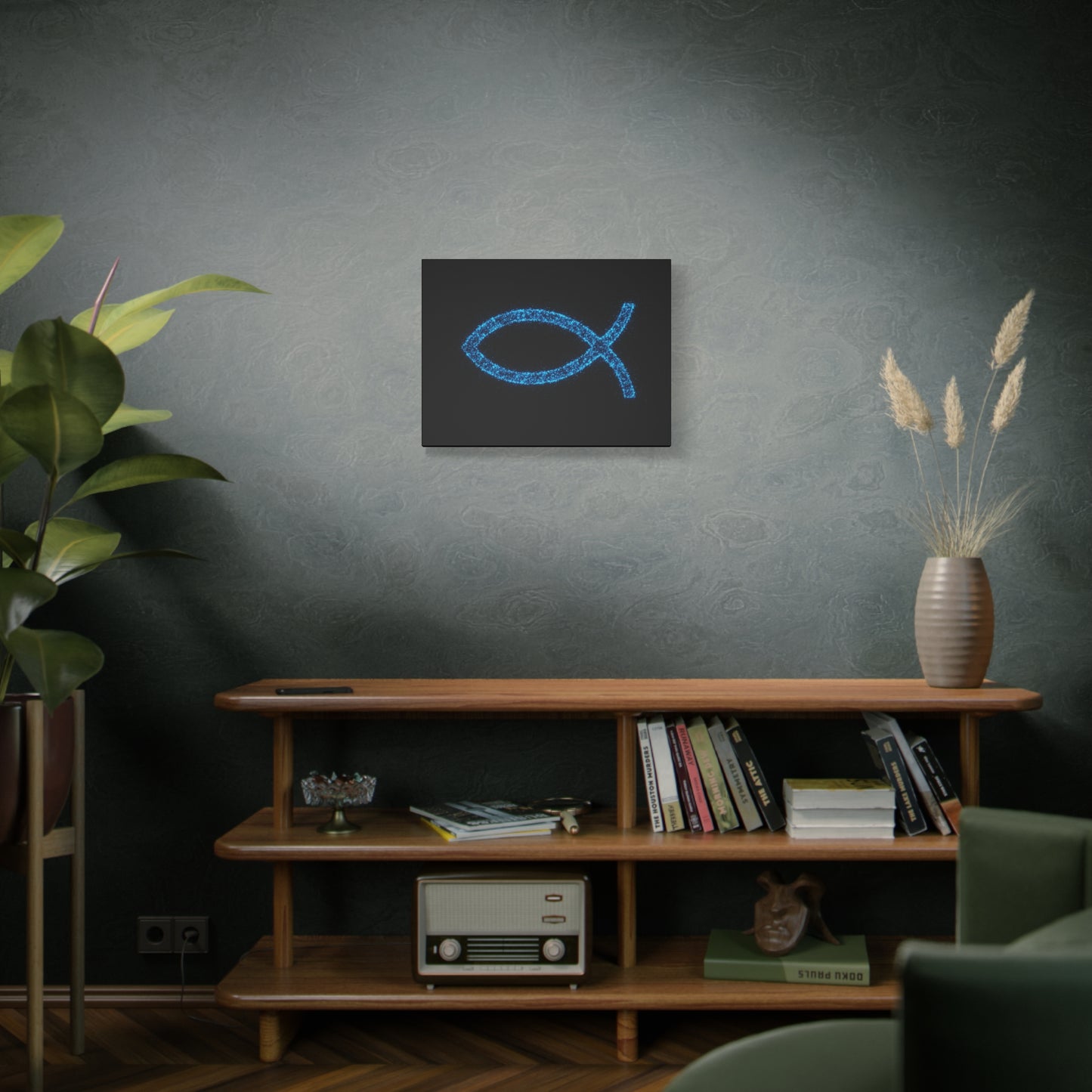 Blue Glitter Fish Symbol Matte Canvas Wall Art