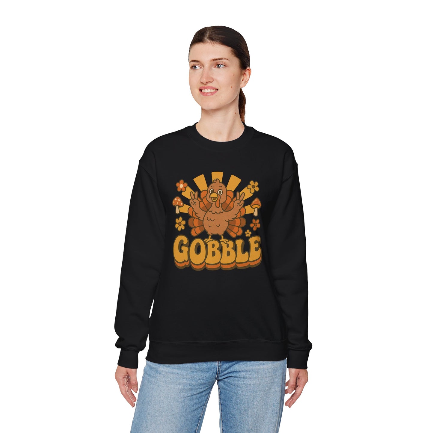 Gobble Turkey Sweatshirt, Retro Fall Turkey Crewneck, Thanksgiving Graphic Pullover, Autumn Mushroom & Flower Design, Cozy Fall Top