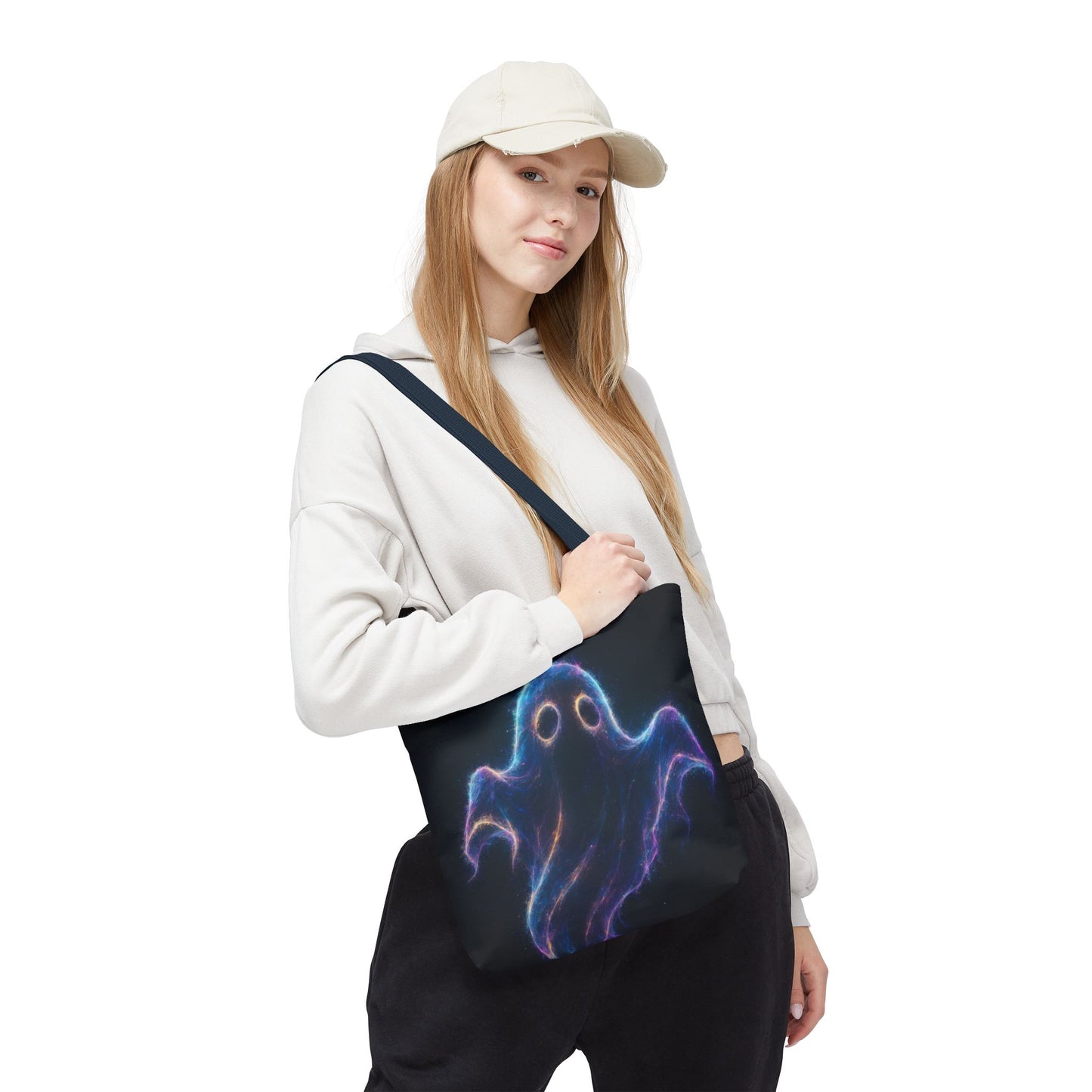 Neon Ghost Tote Bag, Spooky Halloween Canvas Tote, Glowing Cosmic Ghost Design Bag, Reusable Trick Or Treat Tote, Gothic Gift Accessory