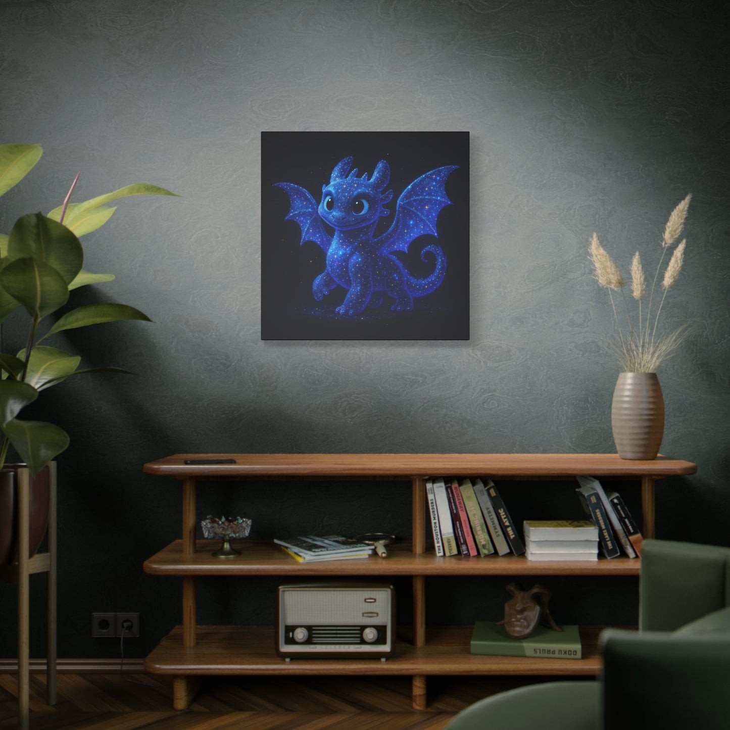 Galaxy Baby Dragon Wall Art | Cute Fantasy Dragon Canvas Print | Starry Night Nursery Decor | Whimsical Creature Room Artwork