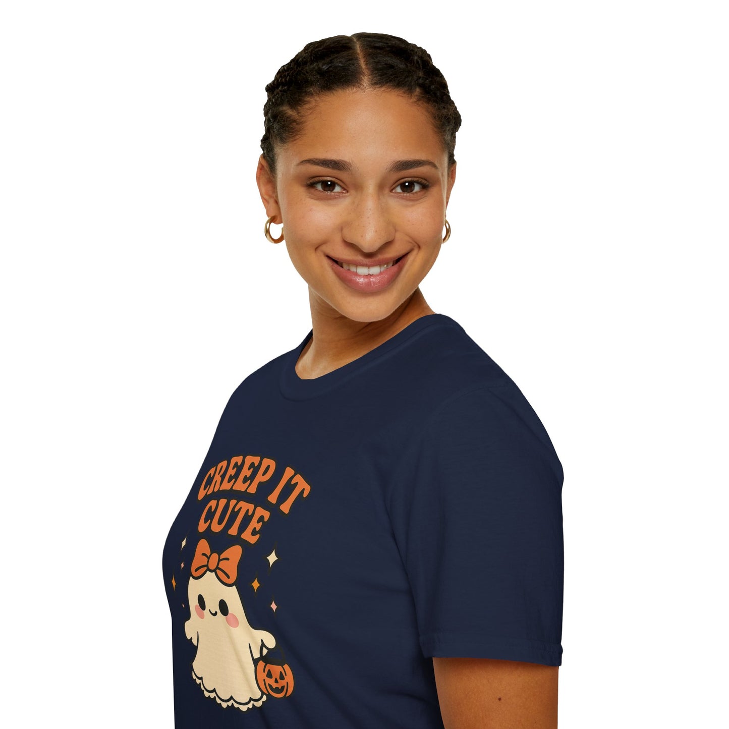 Creep It Cute Ghost Halloween Shirt - Kawaii Ghost Tee with Bow and Pumpkin, Spooky-Cute Fall Graphic T-Shirt, Spooky Season Halloween Top