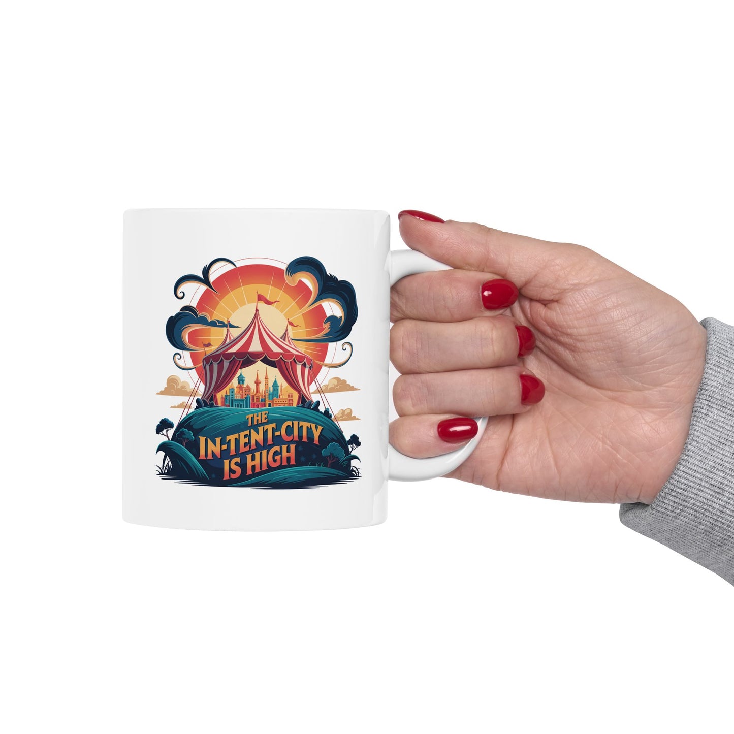 Funny Camping Coffee Mug • The In-Tent-City is High Pun Cup • Outdoor Adventure Gift • Festival Coffee Mug • Camping Humor Drinkware