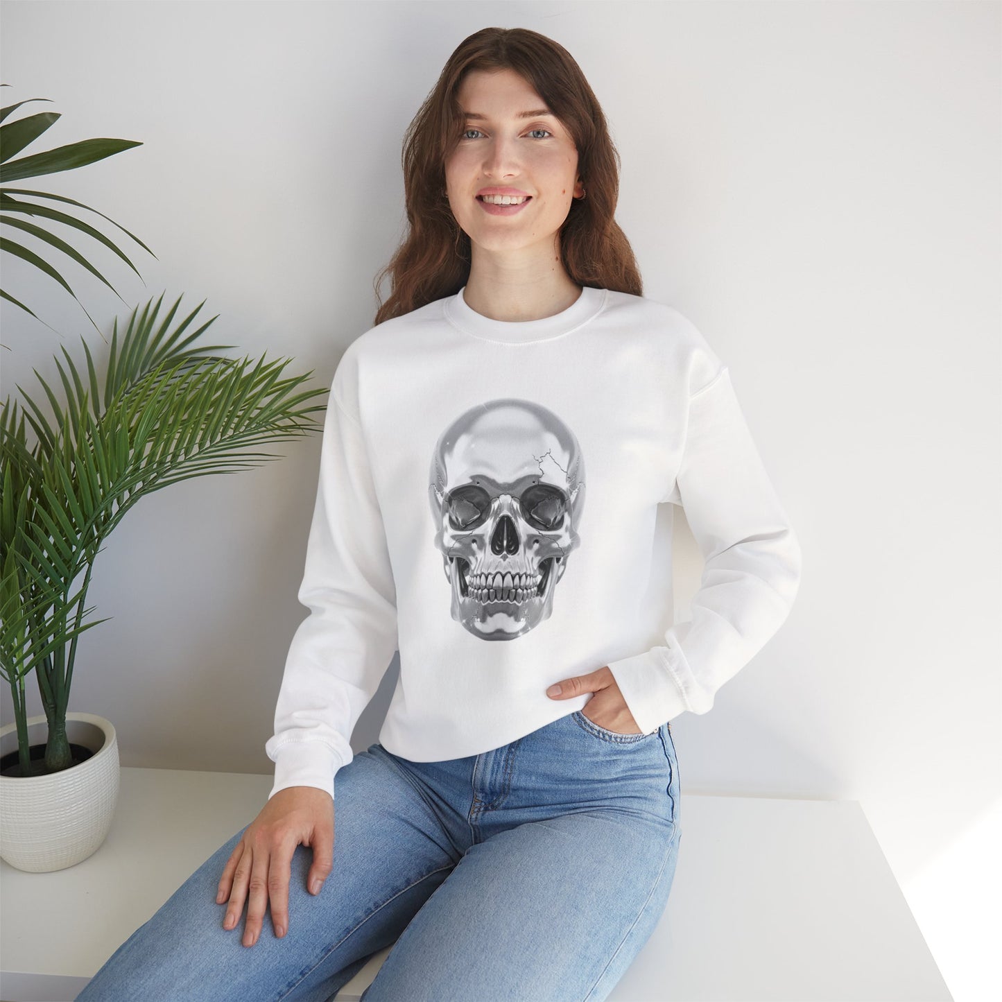 Silver Skull Sweatshirt, Gothic Skull Crewneck, Retro Skull Sweatshirt, Vintage Skull Graphic, Halloween Rock Pullover