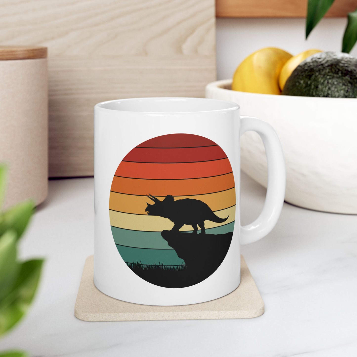 Dinosaur Sunset Mug - Triceratops Retro Coffee Cup - 80s Vintage Dino Mug Gift - Prehistoric Art Mug - Funny Dino Lover Gift 11oz or 15oz