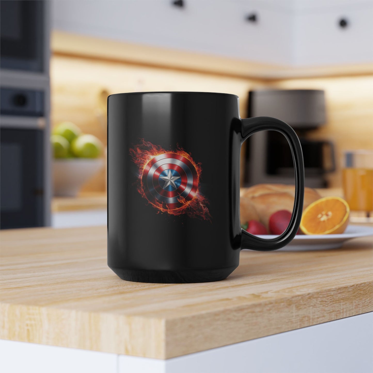 Flaming Shield Emblem Mug - Fiery Red White Blue Star Coffee Cup, Metal-Inspired Symbol Design, Bold Hero Vibes Gift for Fans and Coffee Lovers