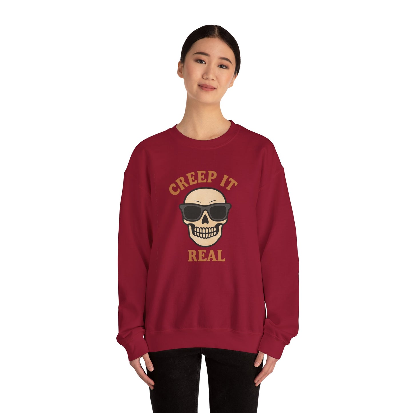 Creep It Real Skull Sweatshirt, Funny Halloween Skull Crewneck, Spooky Skeleton Pullover, Dark Graphic Sweatshirt, Unisex Halloween Gift
