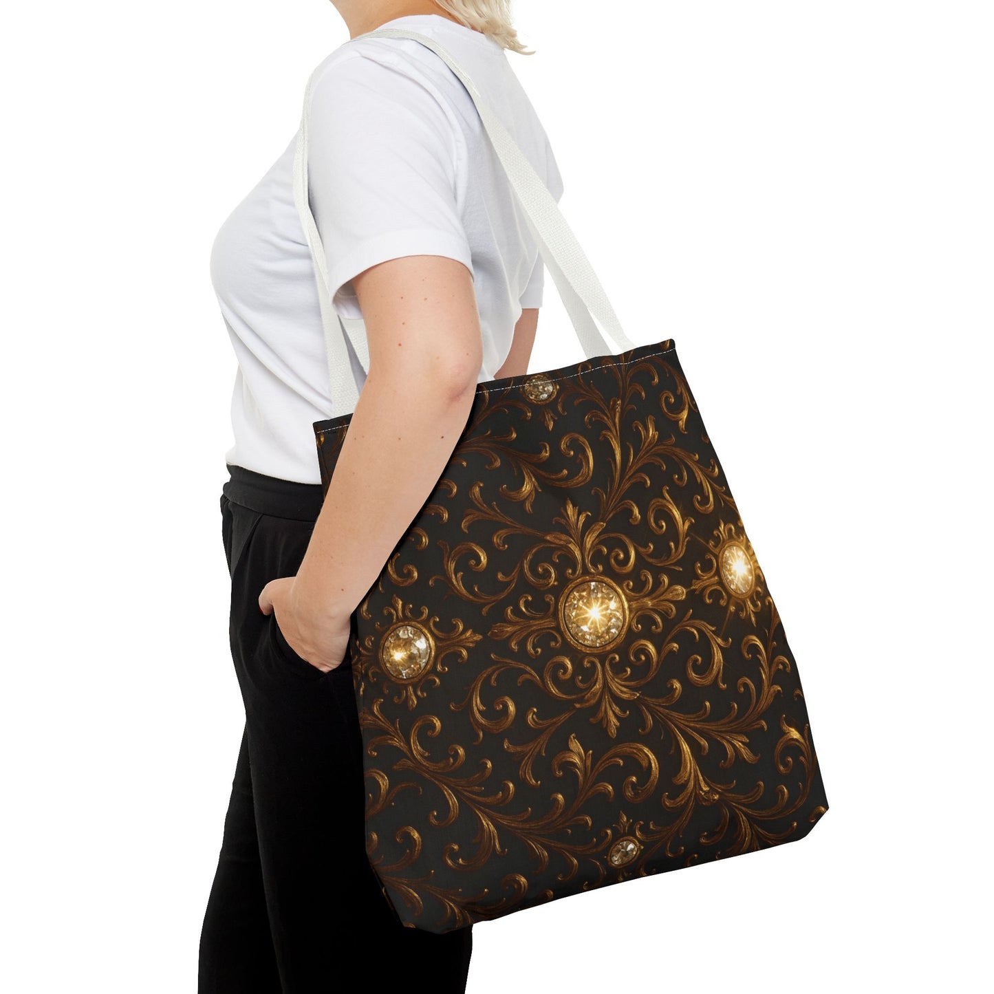Elegant Baroque Tote Bag - Black and Gold Ornate Design Purse, Reusable Stylish Shoulder Bag for Women, Vintage Luxe Aesthetic Gift