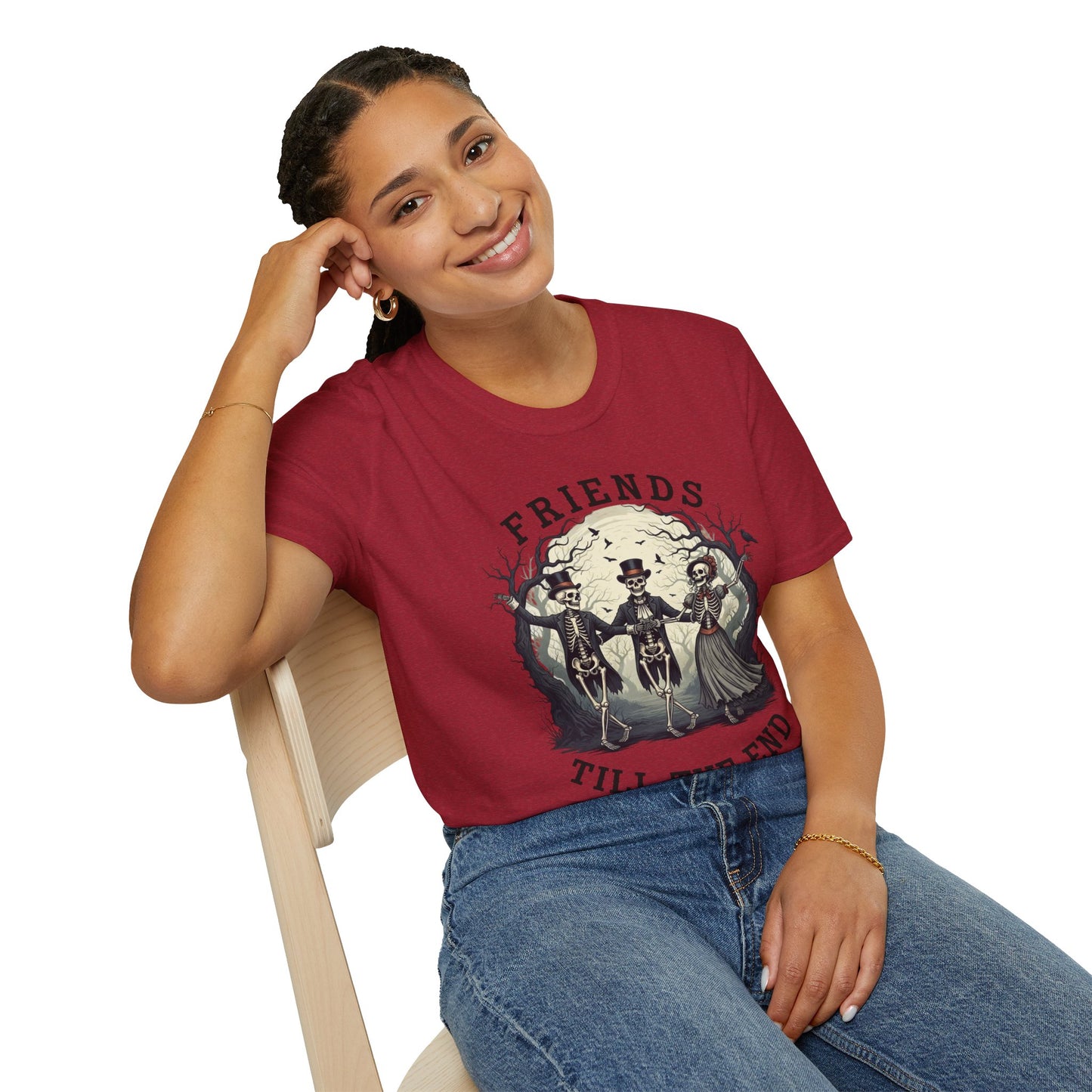 Friends Till The End Skeleton Tee | Dancing Skeleton Friends Shirt | Halloween Gothic BFF Gift | Unisex Heather Grey Graphic T-Shirt