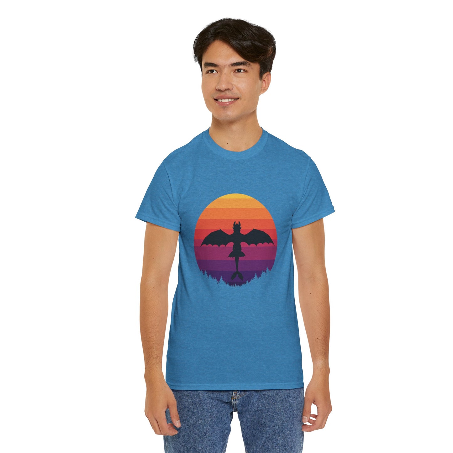 Night Dragon Sunset T-Shirt | Retro Dragon Silhouette Tee | Fantasy Dragon Shirt | Unisex Graphic Tee | Gift for Dragon Lovers