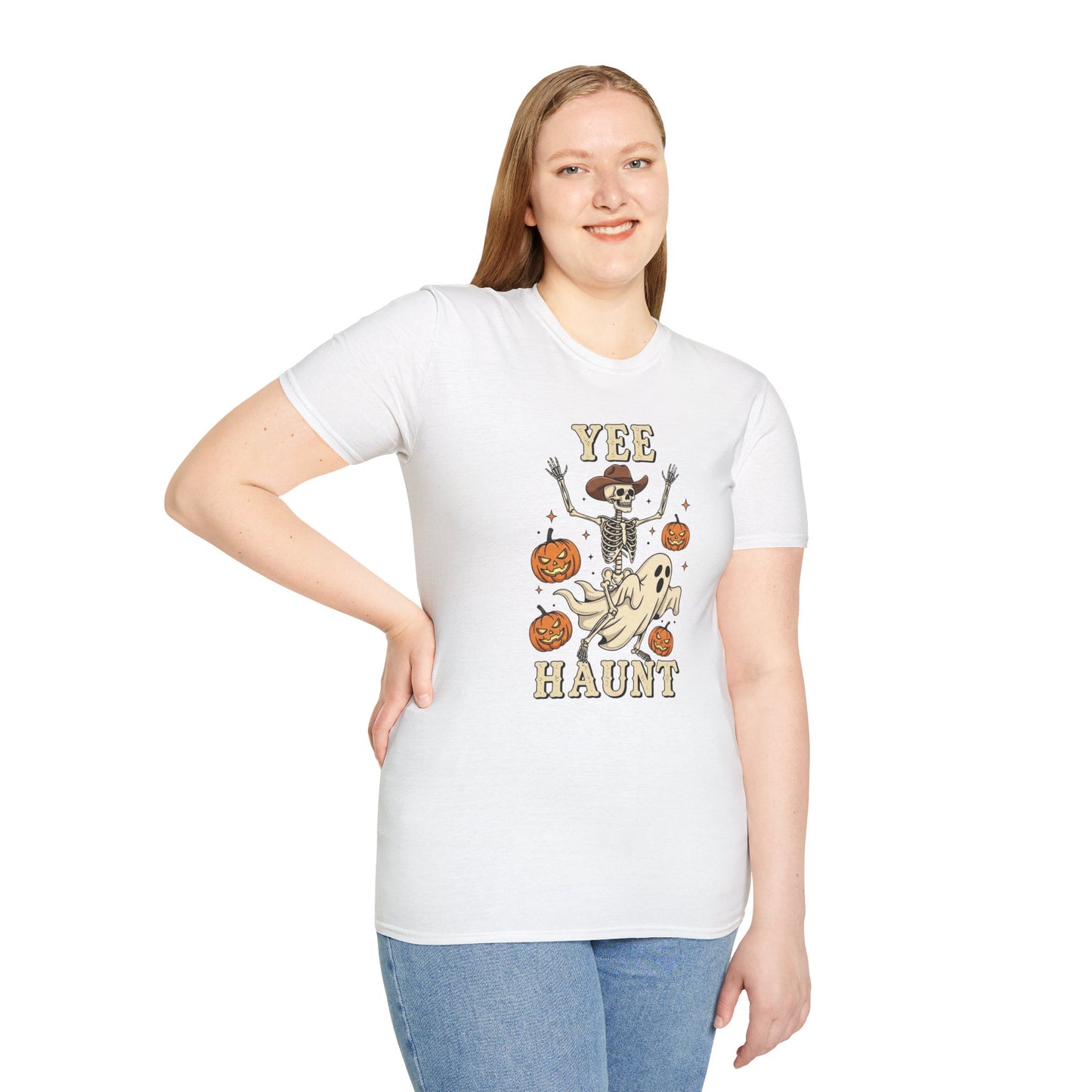 Yee Haunt Skeleton Cowboy Ghost Halloween Shirt - Spooky Western Dancing Skeleton Tee, Pumpkin Haunted Ghost Cowboy Top Fall Graphic Tee