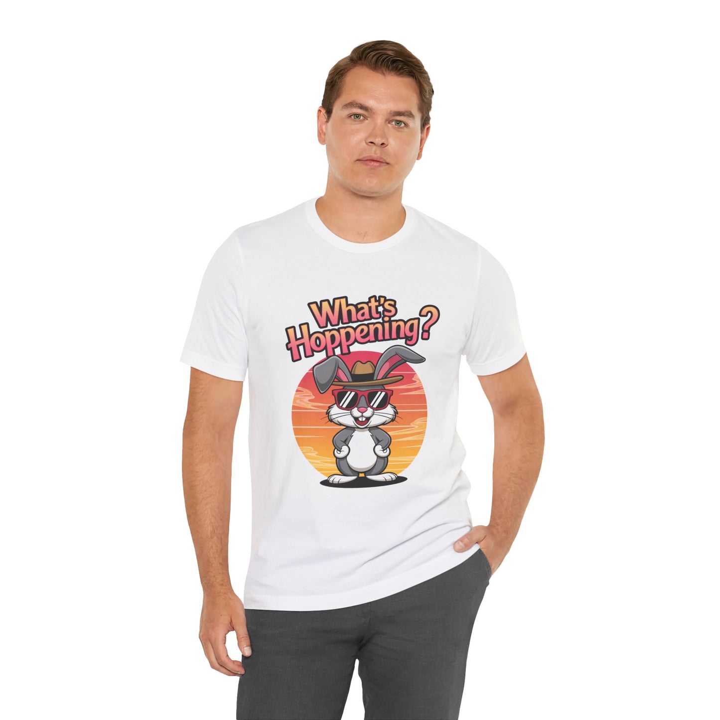 What’s Hoppening Funny Bunny Shirt – Cute Rabbit Pun T-Shirt – Sunset Graphic Tee for Animal Lovers, Easter, and Pun Enthusiasts
