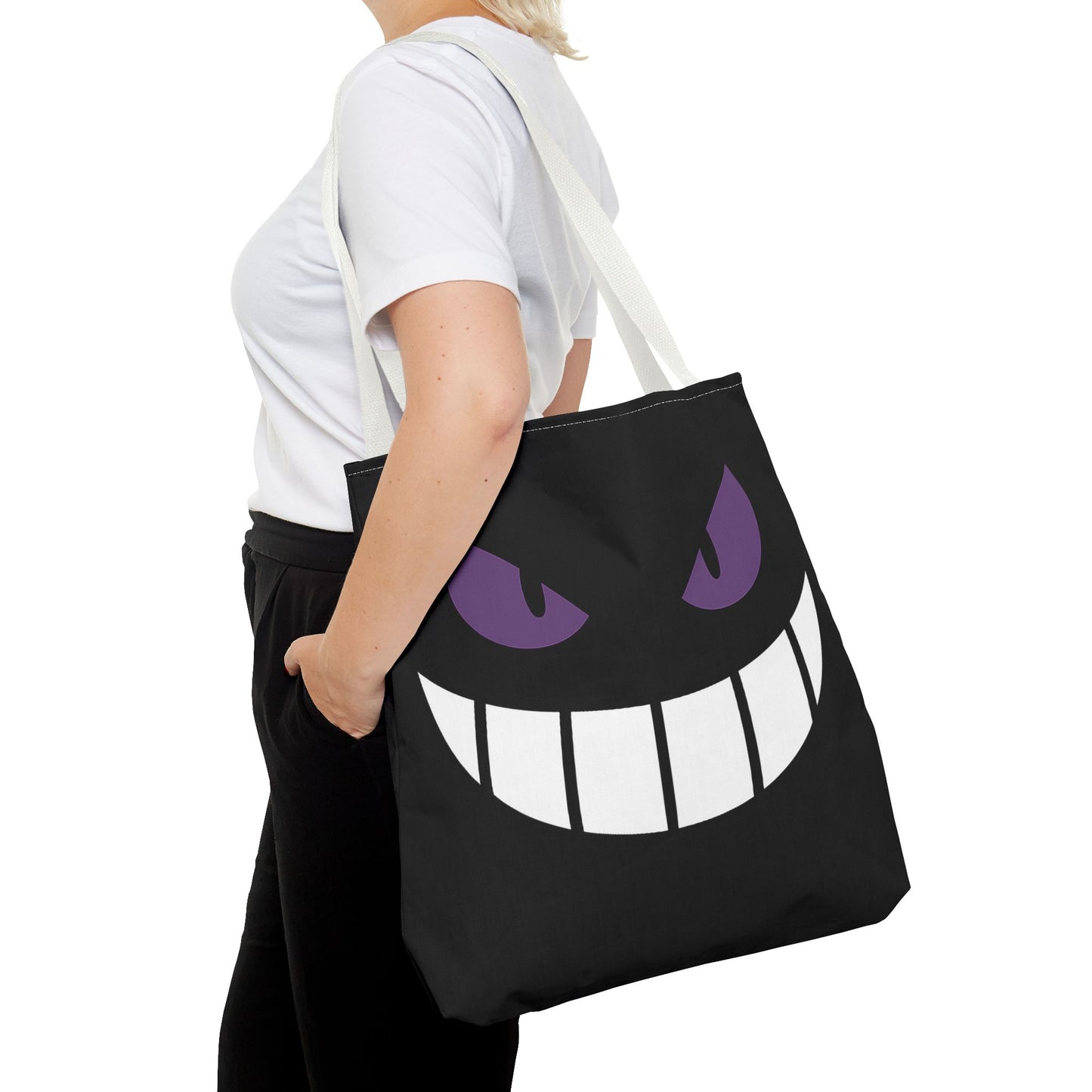 Evil Grin Tote Bag, Spooky Purple Eyes Reusable Shopping Bag, Creepy Cute Halloween Tote, Gothic Horror Canvas Bag, Gamer Room Accessory