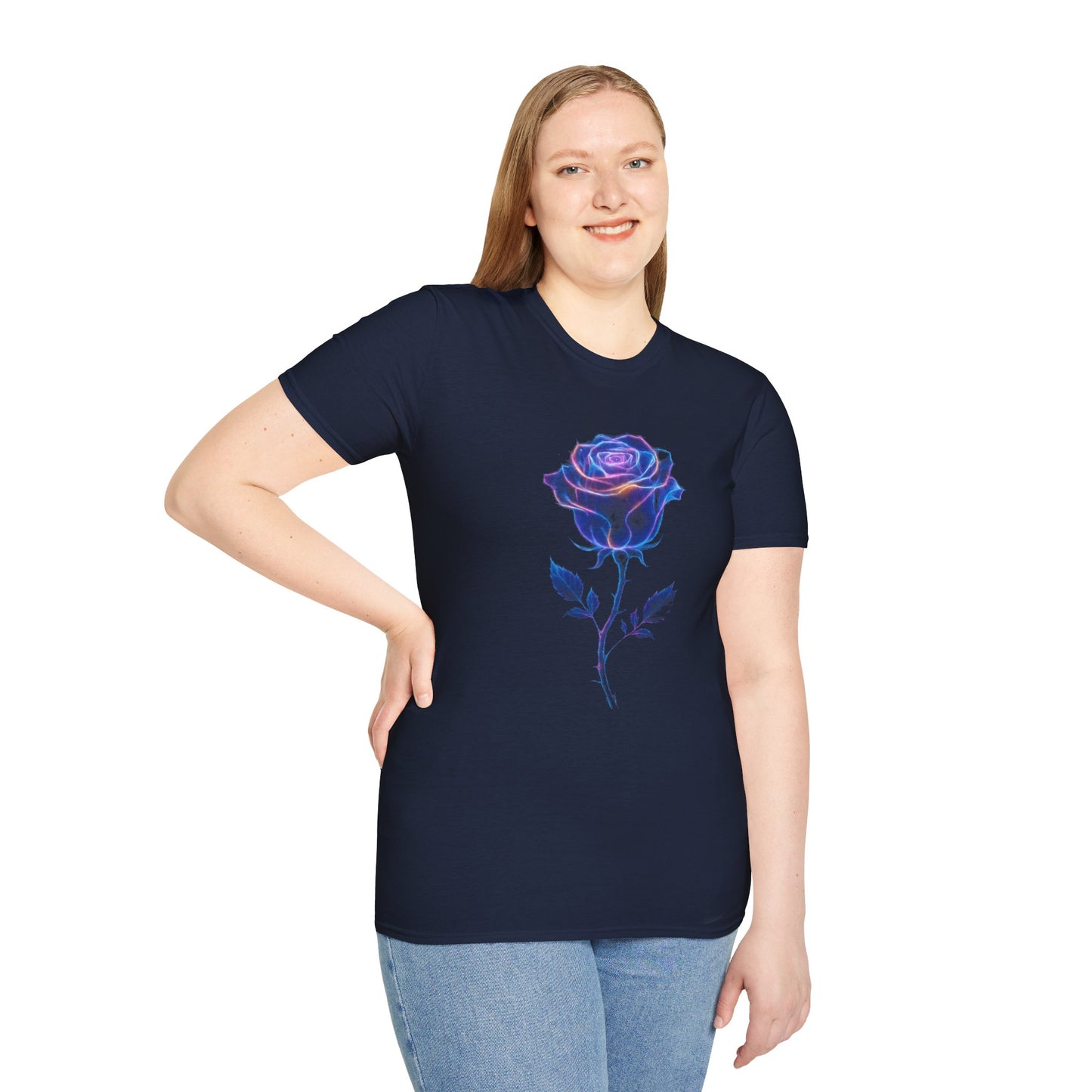 neon rose t-shirt, glowing rose tee, floral graphic shirt, neon flower design, botanical t-shirt, glow aesthetic top, trendy rose apparel