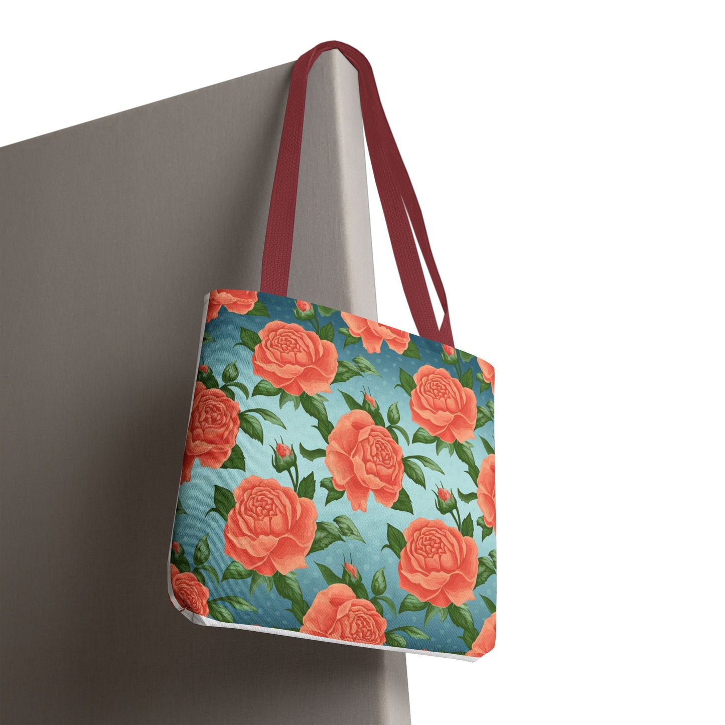 Vintage Floral Tote Bag – Coral Rose Pattern on Blue Background – Aesthetic Everyday Carry Bag – Reusable Fabric Market Tote Gift