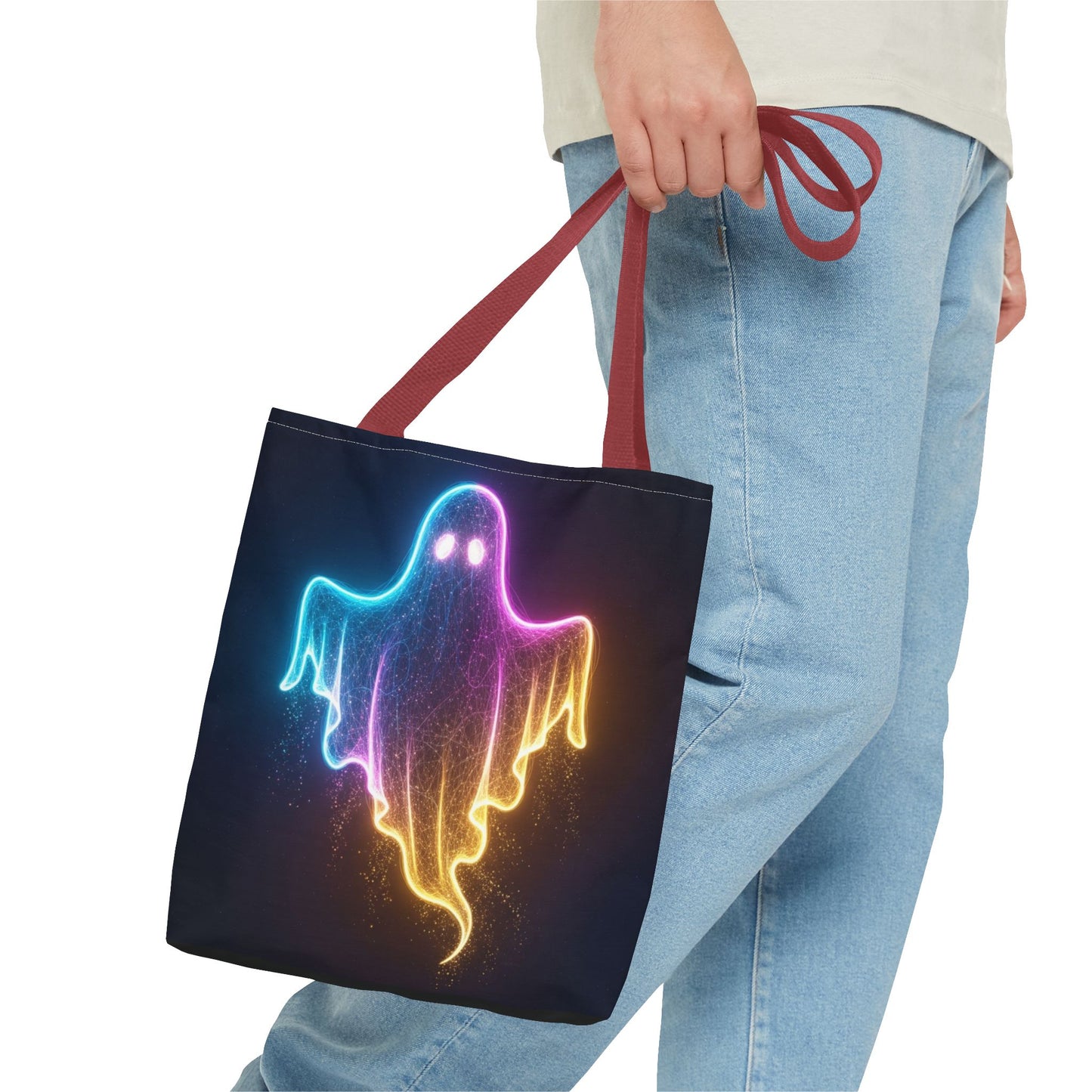 Neon Ghost Tote Bag - Bright Colorful Ghost Print Shoulder Tote, Spooky Cute Reusable Canvas Bag, Halloween Aesthetic Everyday Carry
