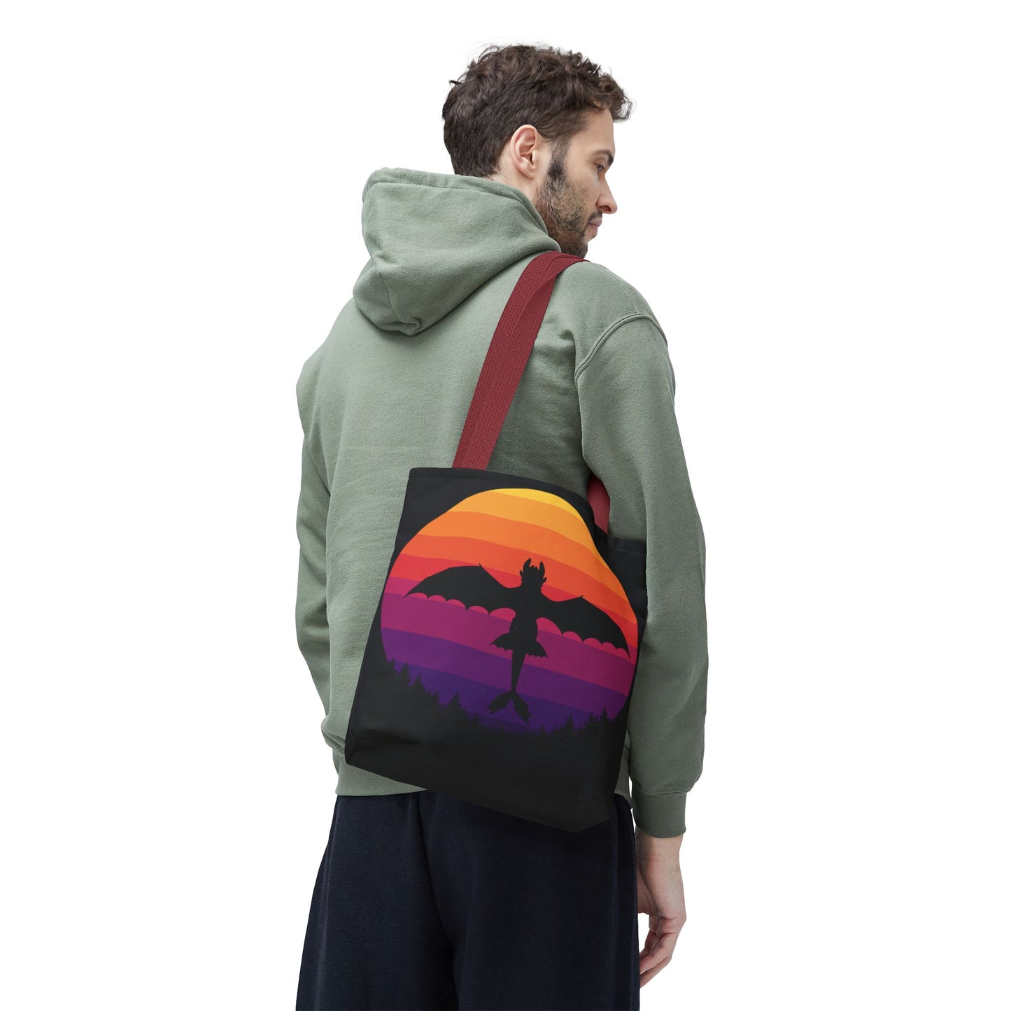 Sunset Dragon Flight Tote Bag, Reusable Eco-Friendly Shoulder Bag With Silhouette Design, Aesthetic Black Tote For Everyday Use And Gifts