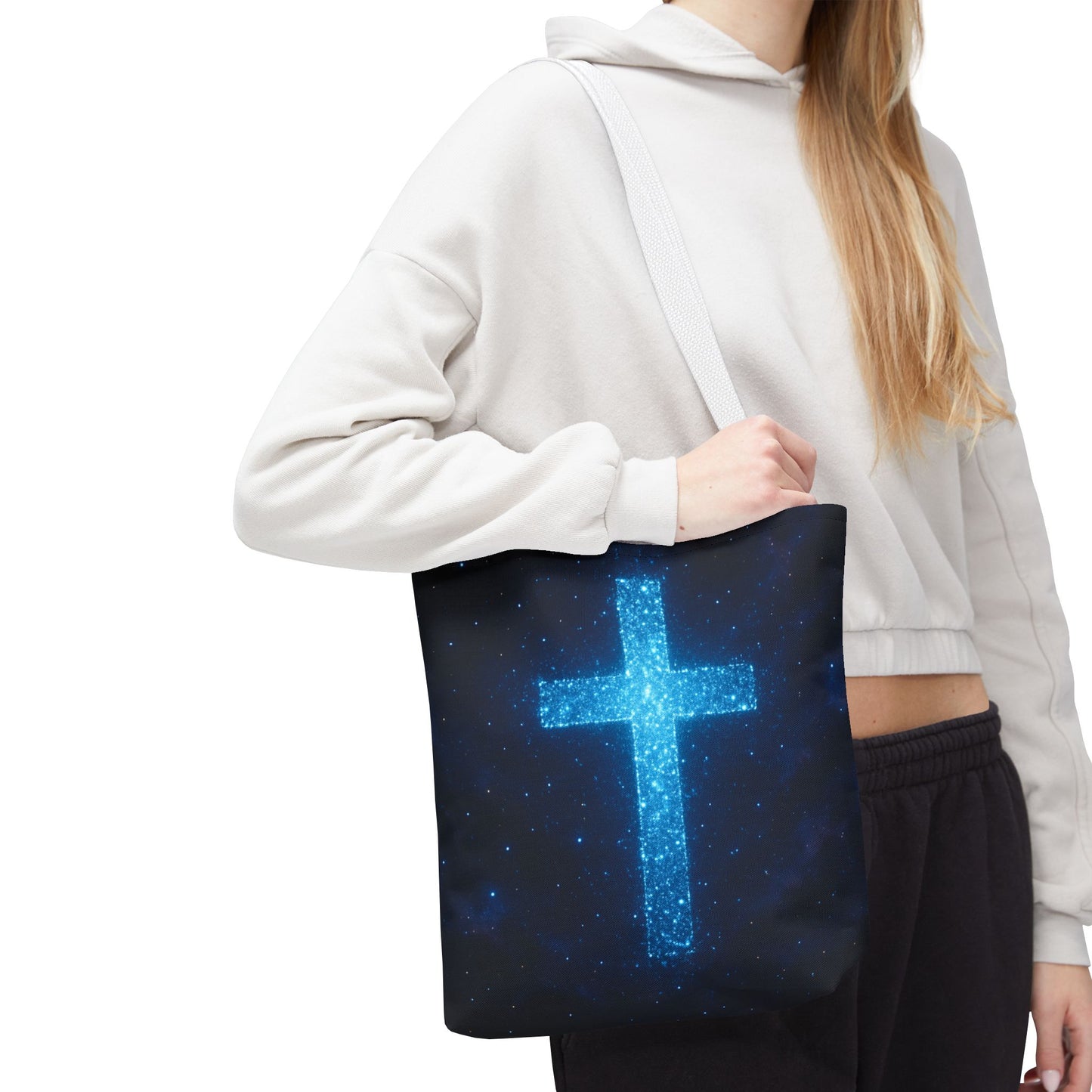 Sparkling Cross Tote Bag - Inspirational Blue Cosmic Bag Christian Tote Spiritual Bag Inspirational Tote Bag
