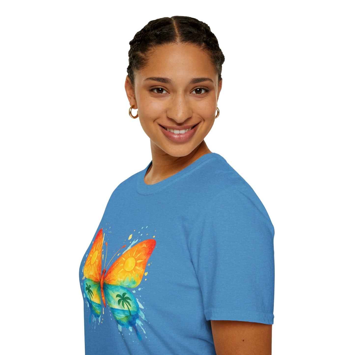 Butterfly Sunset Beach Tee - Ocean & Palm Watercolor Butterfly T-Shirt, Coastal Boho Graphic, Nature Lover Gift, Unisex Casual Tee