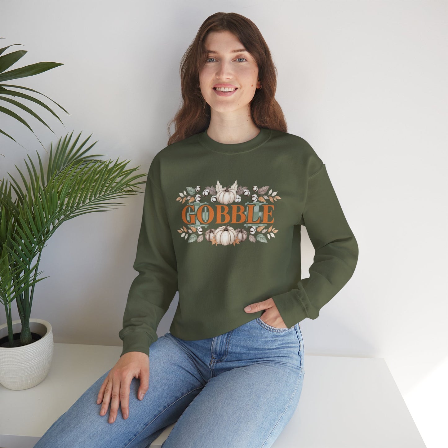 Gobble Thanksgiving Sweatshirt, Neutral Fall Pumpkin Crewneck, Autumn Cotton Stems Leaves Pullover, Cozy Rustic Thanksgiving Top