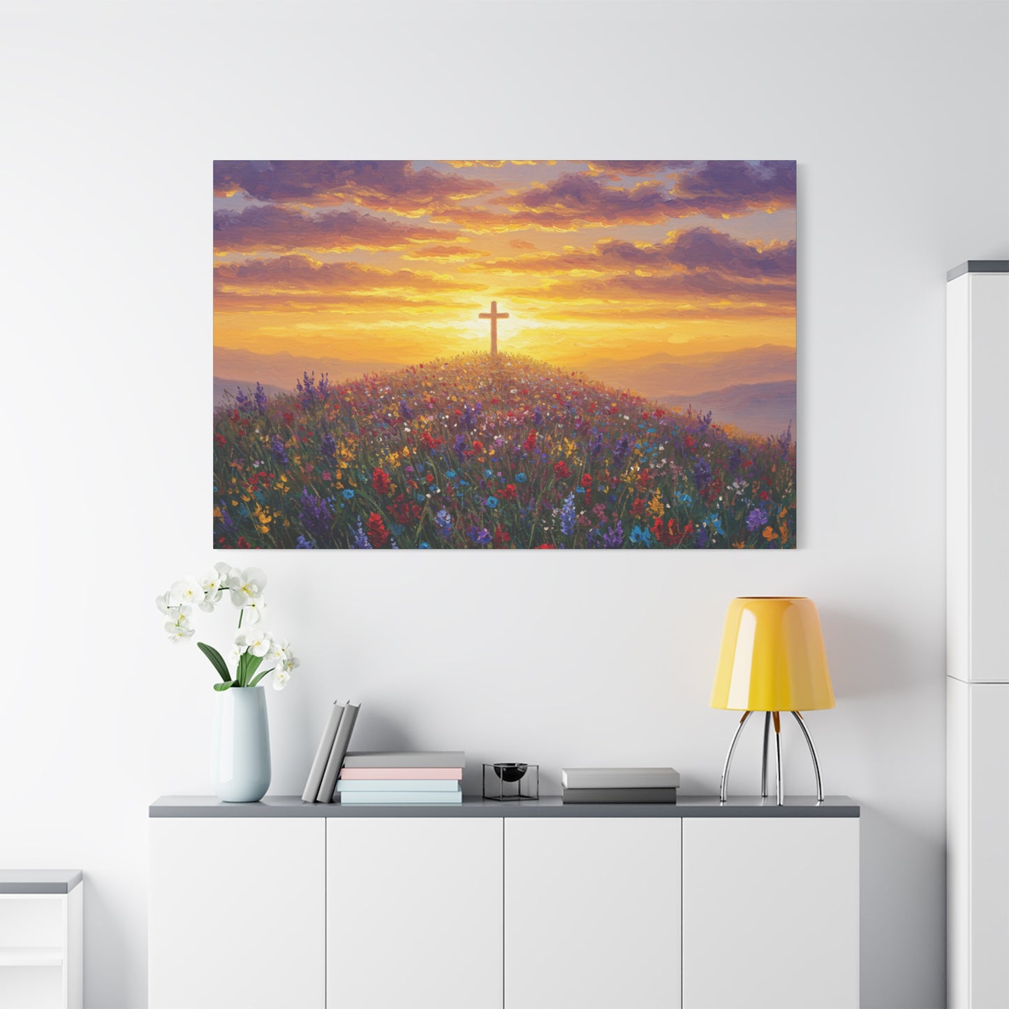 Canvas Artwork Cross on Hill Christian Painting in style of Monet Spiritual Decor Faith Painting Religious Gift