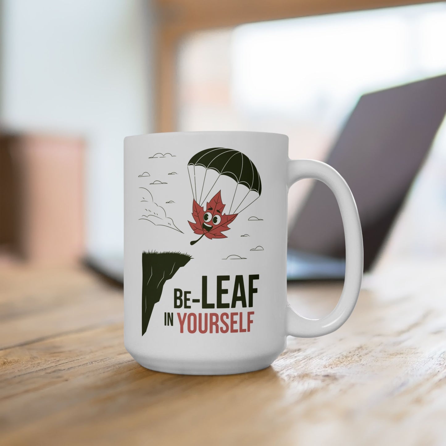 Be-Leaf In Yourself Mug – Motivational Leaf Parachute Design on Ceramic Coffee Cup, Positive Affirmation Gift for Fall Lovers & Nature Enthusiasts
