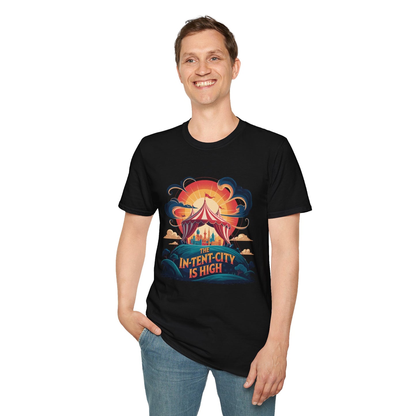 In-Tent-City Is High Retro Camp T-Shirt | Vintage Circus Tent + Cityscape Graphic | Funny Outdoors Urban Adventure Tee | Unisex Camper Shirt