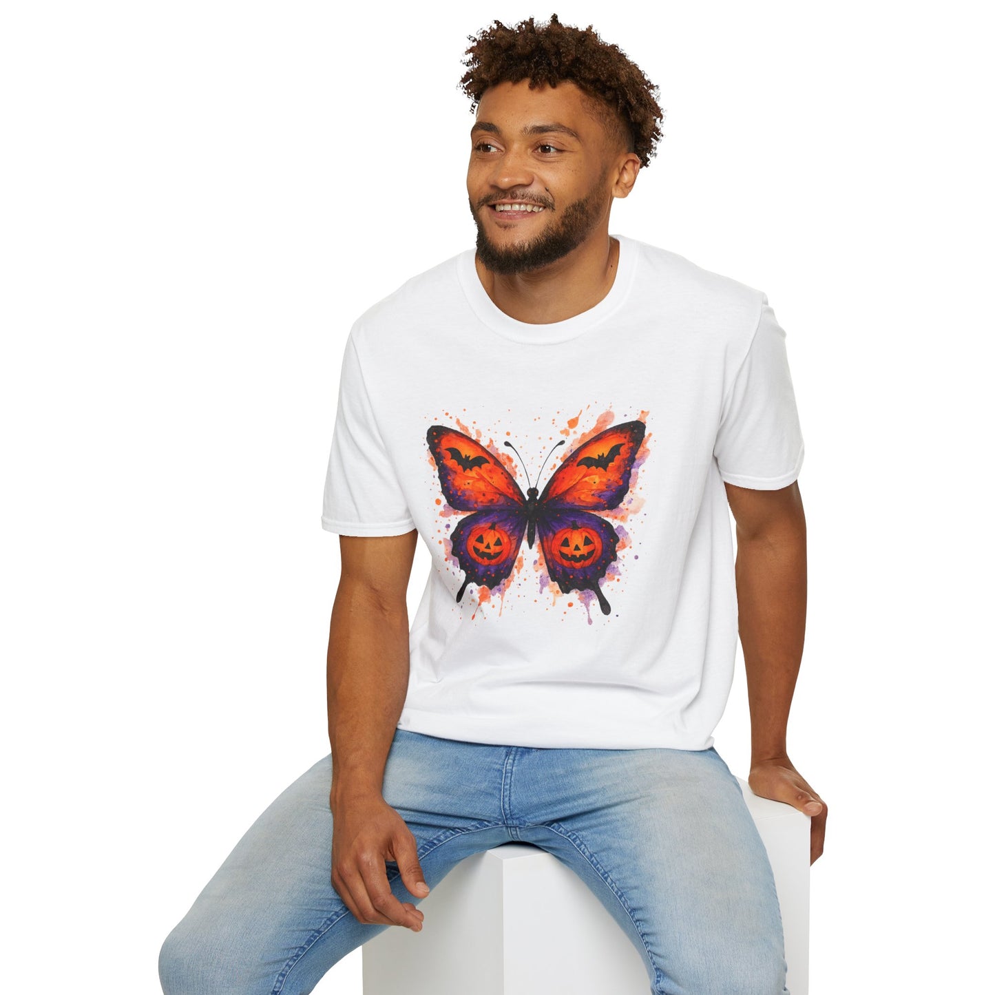 Halloween Watercolor Butterfly T-Shirt - Pumpkin Butterfly Tee, Spooky Butterfly Shirt, Bat and Jack-O'Lantern Wings, Fall Aesthetic Tee