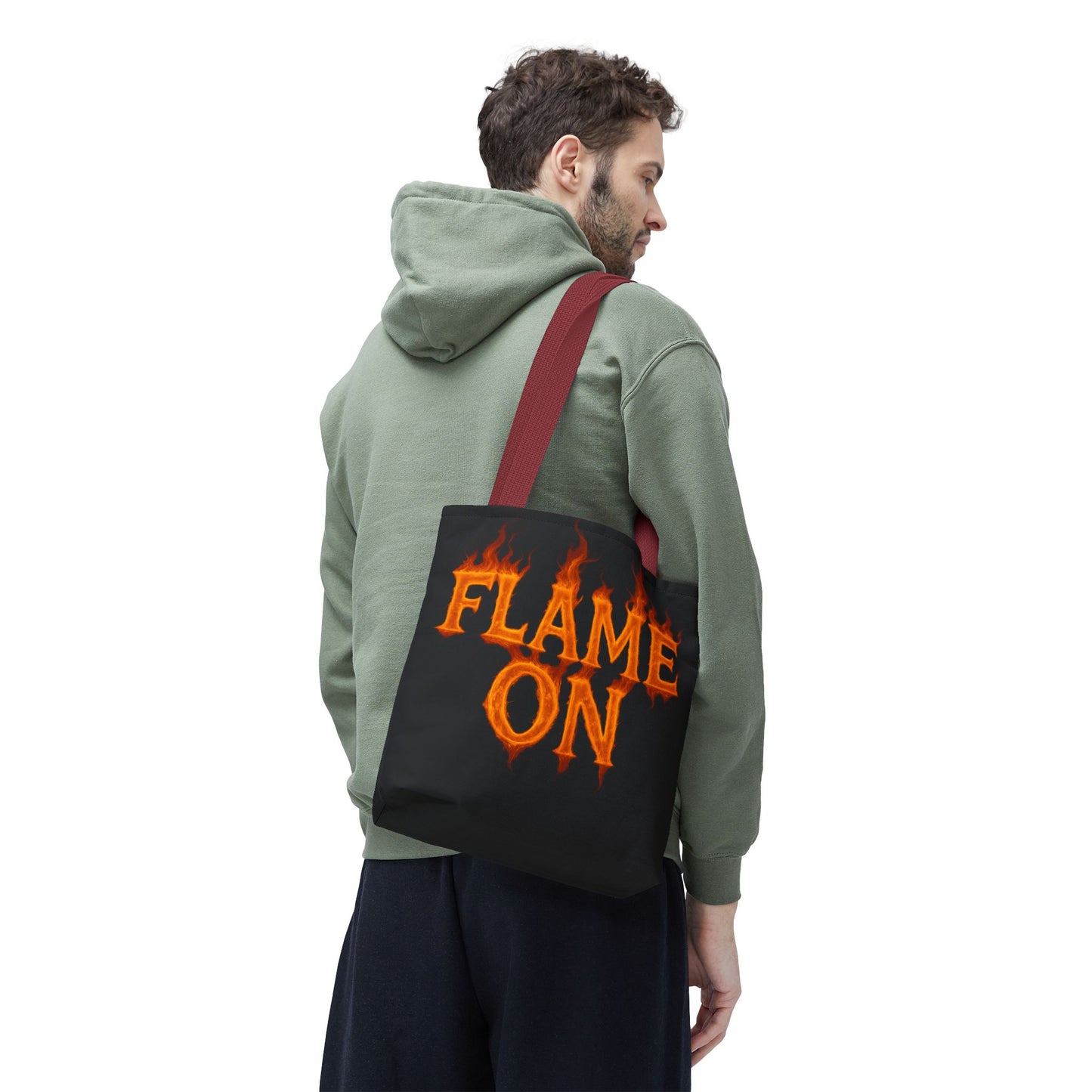 Flame On Tote Bag - Fire Typography Black Bag for Book Lovers, Gym, or Groceries | Bold Comic-Inspired Catchphrase Tote