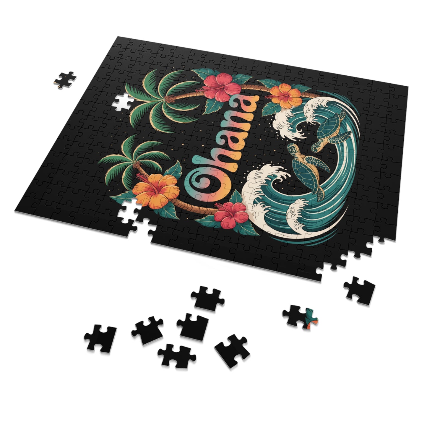 Ohana Jigsaw Puzzle - Retro Hawaiian Sea Turtle & Palm Tree Puzzle for Family Fun, Gift, or Decor - Tropical Beach Aesthetic Puzzle