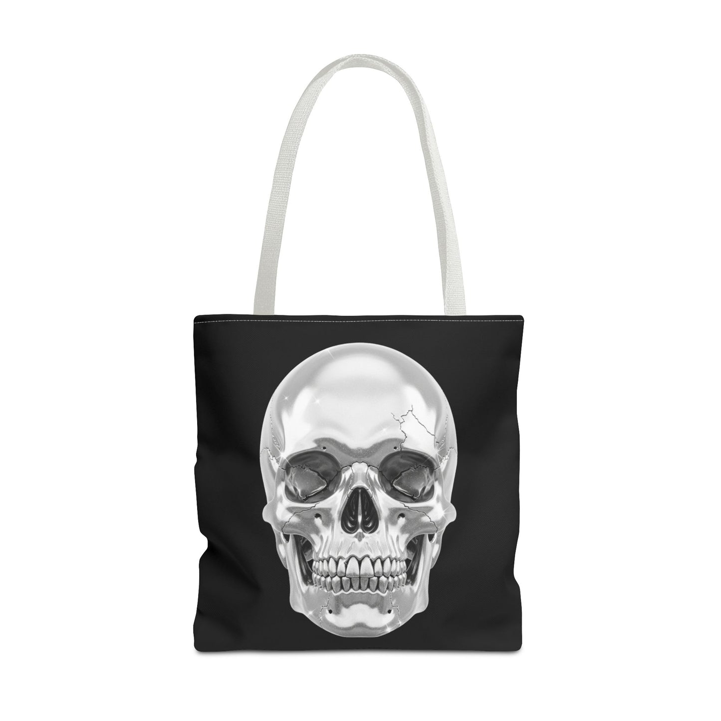 Chrome Skull Tote Bag, Gothic Halloween Canvas Tote, Metallic Skull Design Bag, Spooky Season Accessory, Skull Gift Tote For Horror Fans