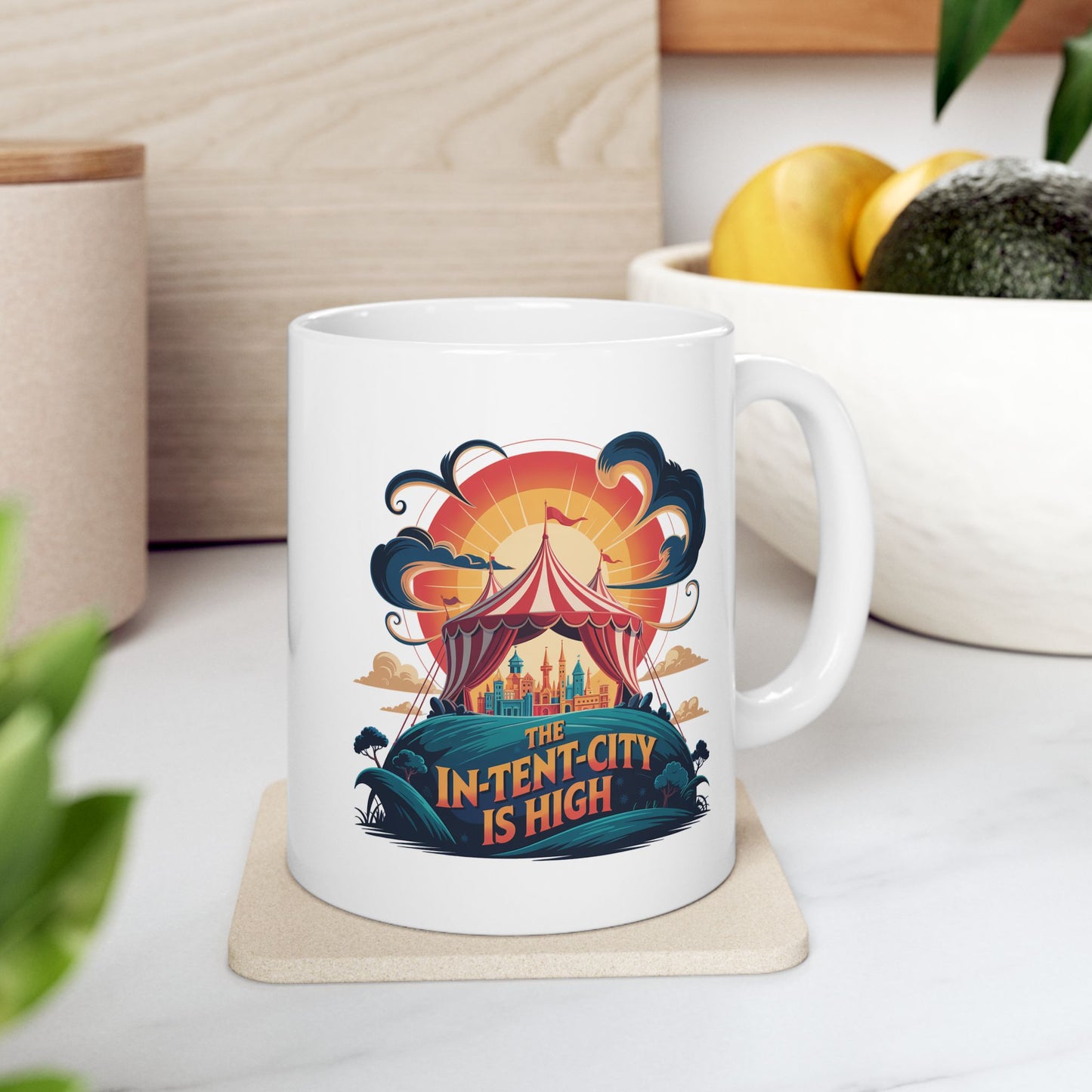Funny Camping Coffee Mug • The In-Tent-City is High Pun Cup • Outdoor Adventure Gift • Festival Coffee Mug • Camping Humor Drinkware