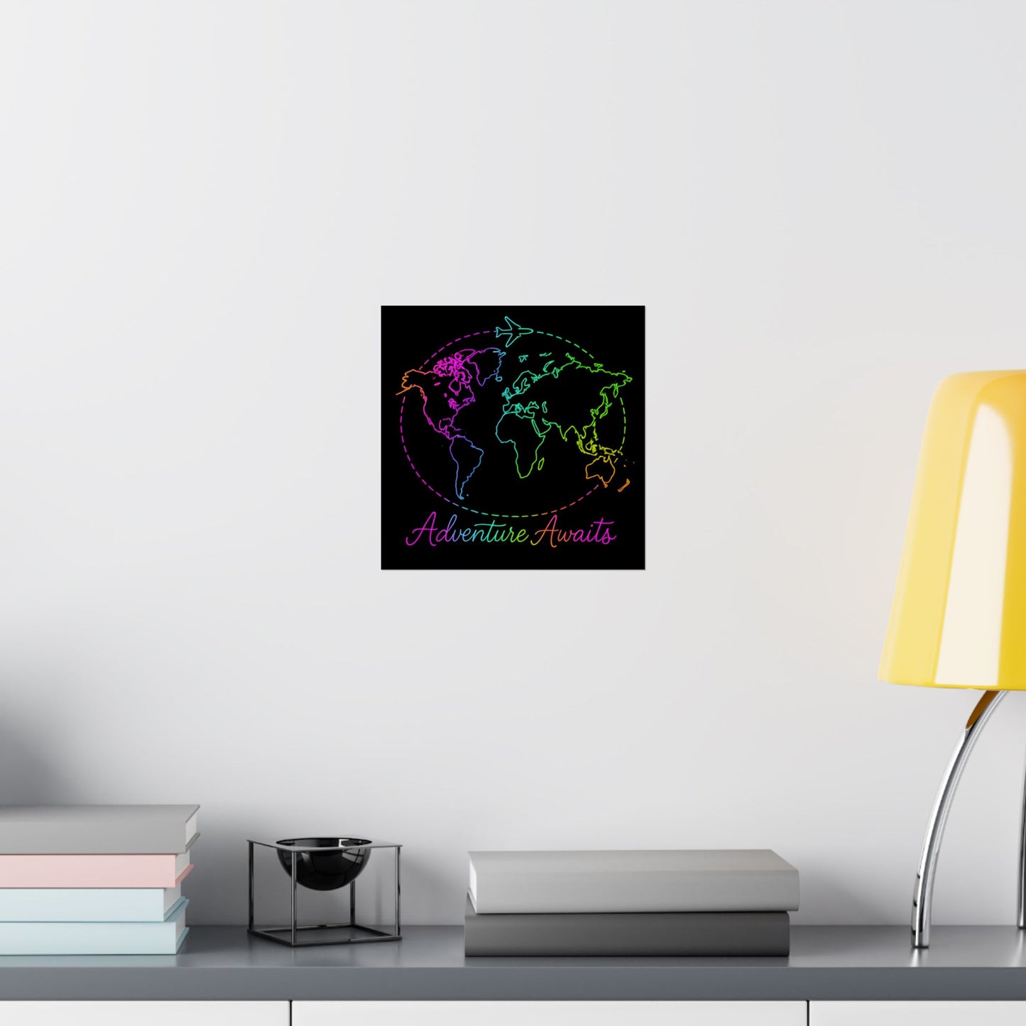 Adventure Awaits Neon Poster - Y2K Rainbow World Map and Plane Wall Art - Travel Aesthetic Decor for Office, Dorm, Bedroom + Gift