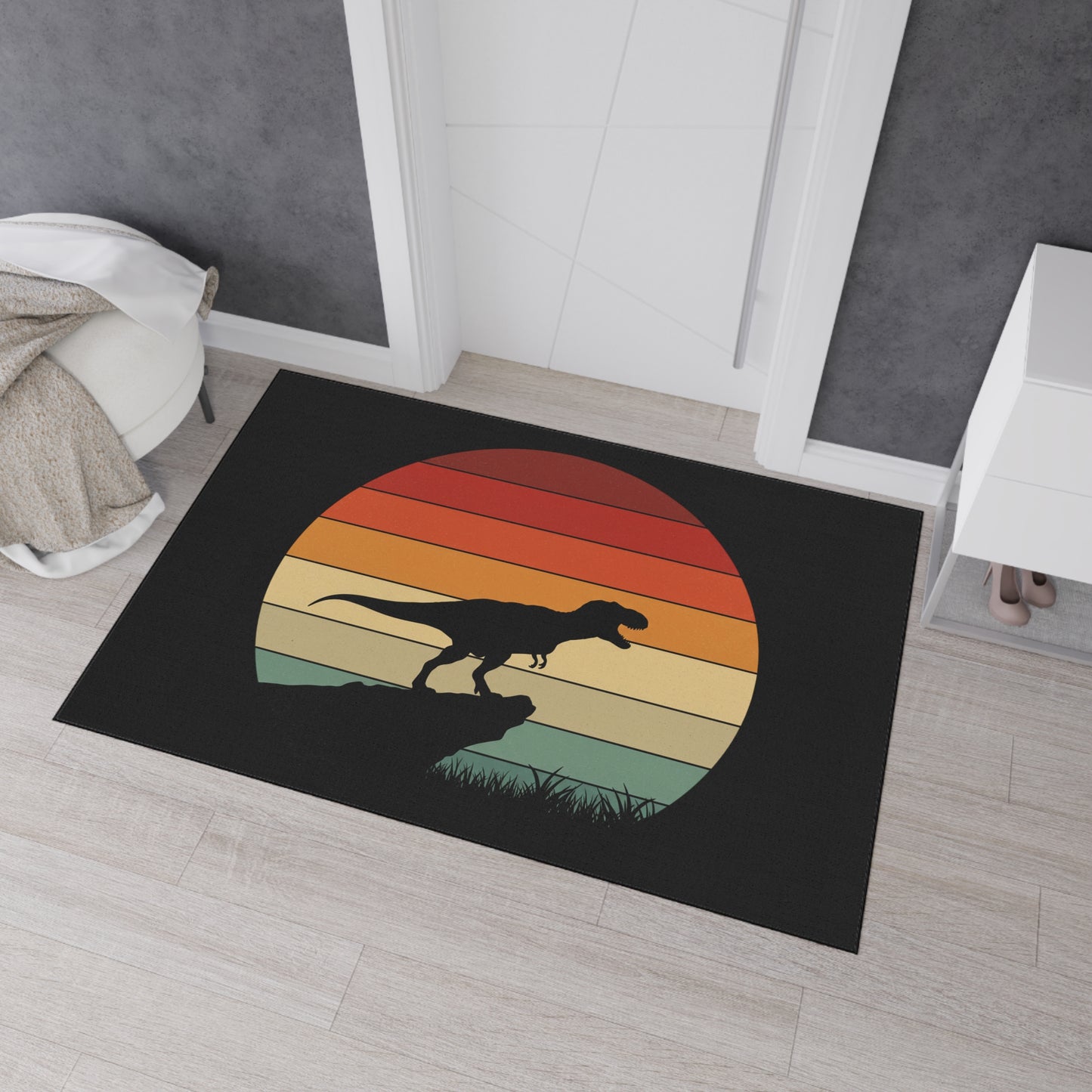 Retro T-Rex Sunset Floor Mat | Heavy Duty Playroom Rug - Non-Slip Dinosaur Entrance Mat for Kids Room, Home, Nursery Decor