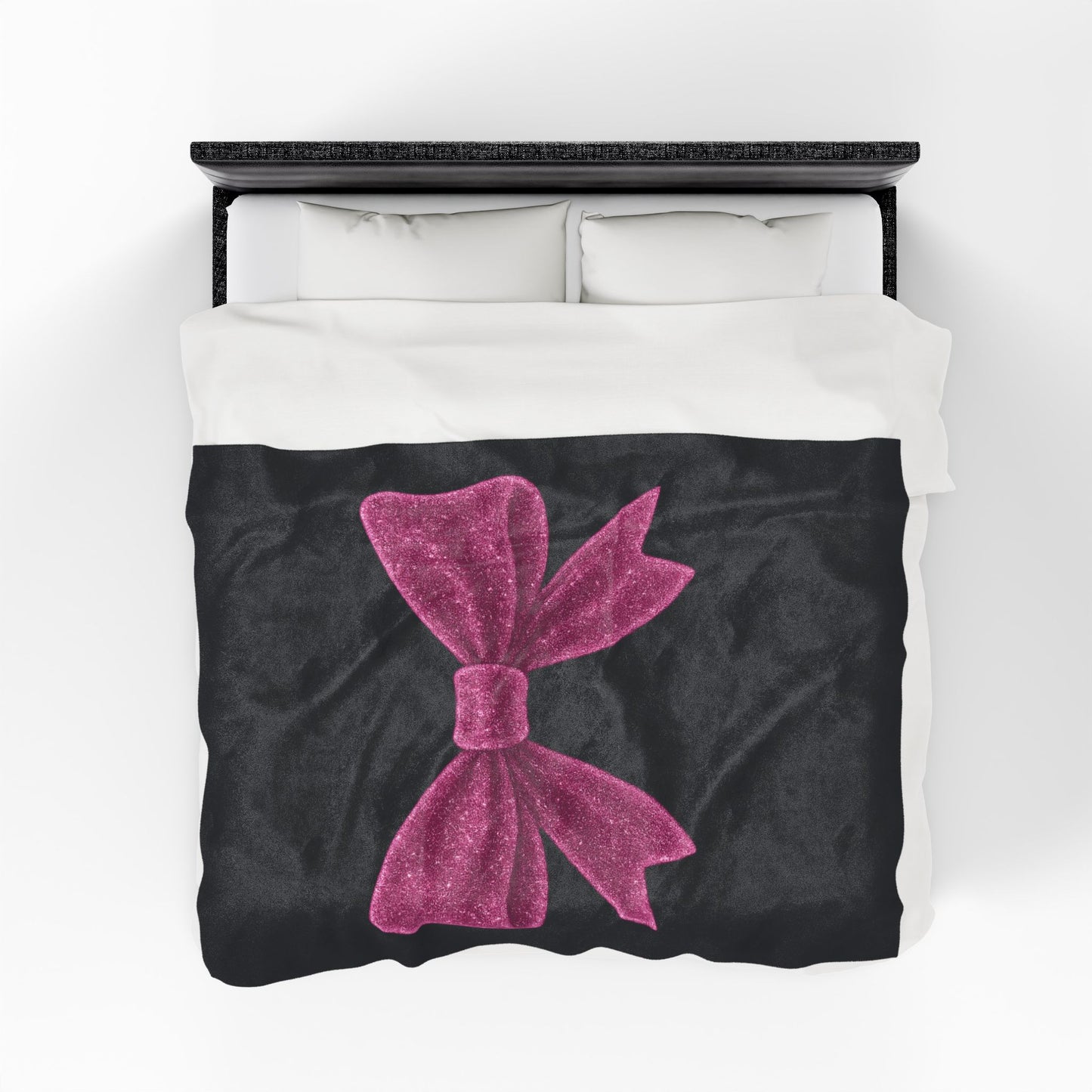 Black Throw Blanket with Glitter Pink Bow – Cozy Soft Bed Cover – Girly Glam Room Decor – Teen Girl Gift – Elegant Bedding Accent