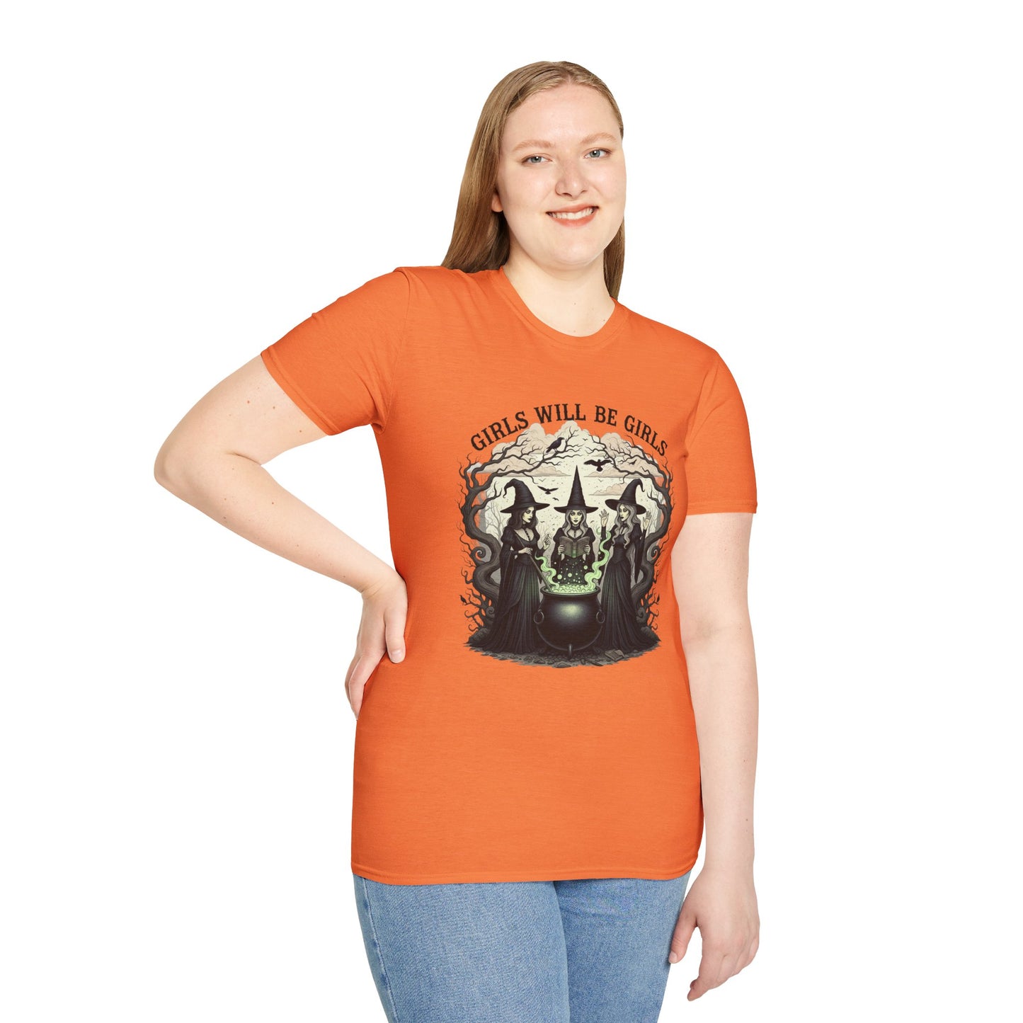 Girls Will Be Girls Witch Tee - Witches Brewing Cauldron Shirt - Halloween Witchy Vintage Feminist Spooky Gift for Women