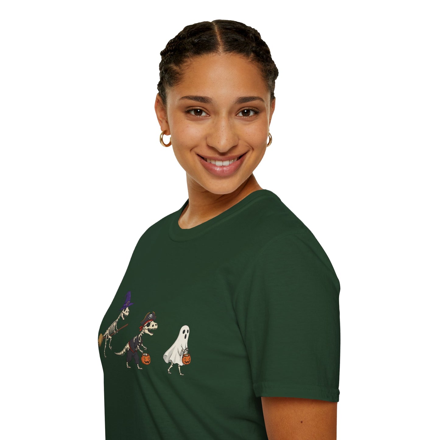 Halloween Dinosaur Skeleton Shirt - Trick-or-Treat Dino Tee, Funny T-Rex Ghost and Witch Costume Shirt, Spooky Cute Skeleton Tee, Unisex