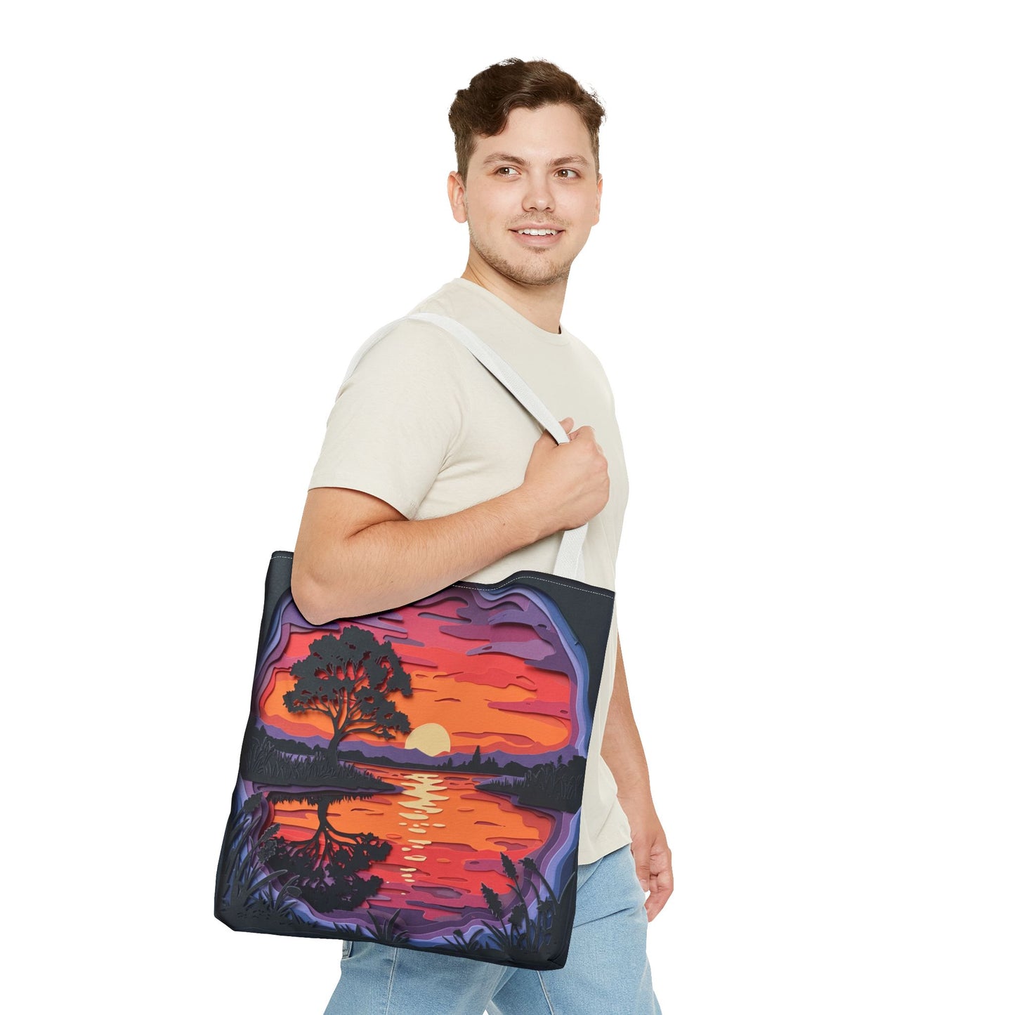 Sunset Landscape Canvas Tote Bag – Paper‑Art Inspired Nature Scene Tote – Colorful Sunset Market Tote, Eco Reusable Beach Bag, Vibrant Gift for Her