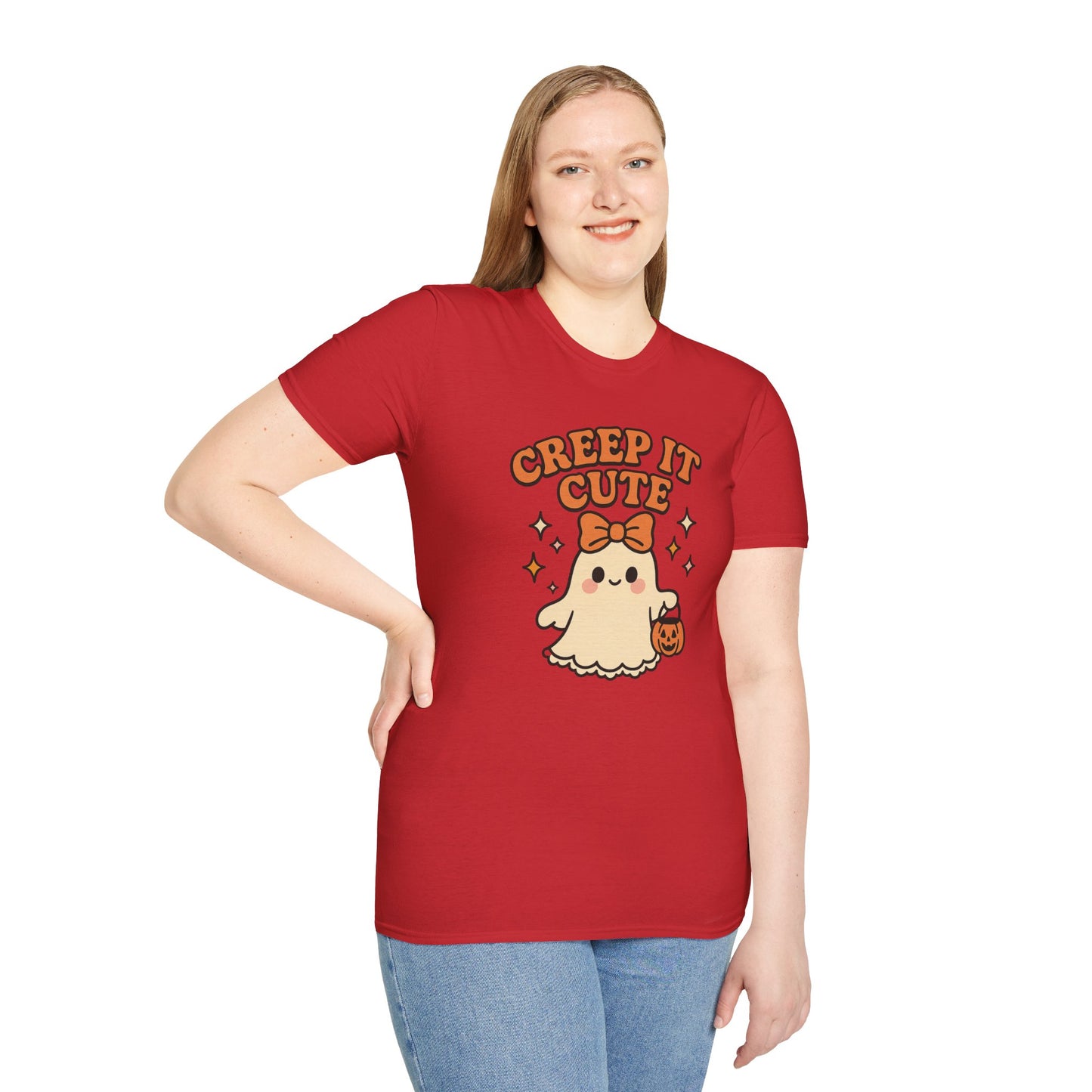 Creep It Cute Ghost Halloween Shirt - Kawaii Ghost Tee with Bow and Pumpkin, Spooky-Cute Fall Graphic T-Shirt, Spooky Season Halloween Top