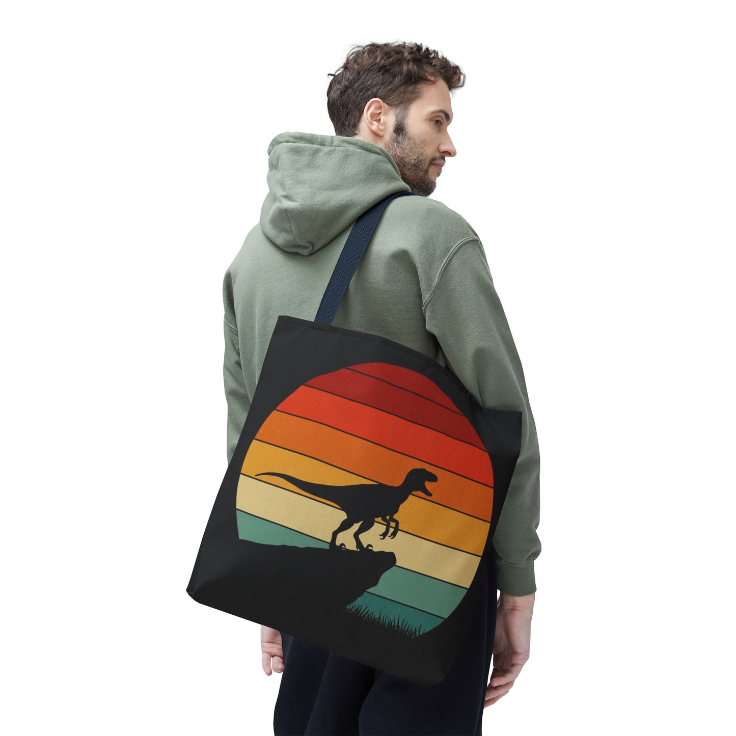 Retro Dino Sunset Tote Bag - Eco Canvas Dinosaur Beach Bag | Sustainable and Stylish Camping, Dino Lover Gift, Reusable Market Tote