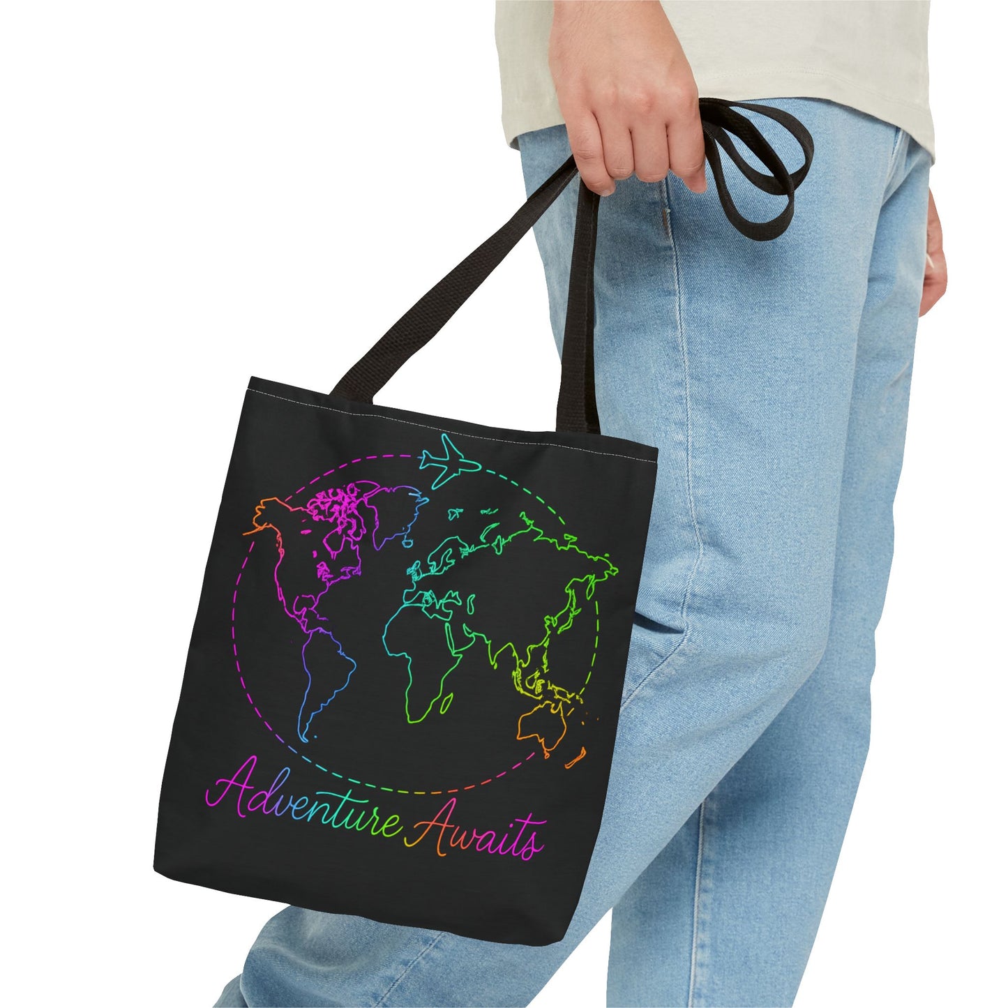 Adventure Awaits Neon Tote Bag - Y2K Rainbow World Map and Plane Travel Tote, Reusable Canvas Tote for Airport, Beach, Market + Gift