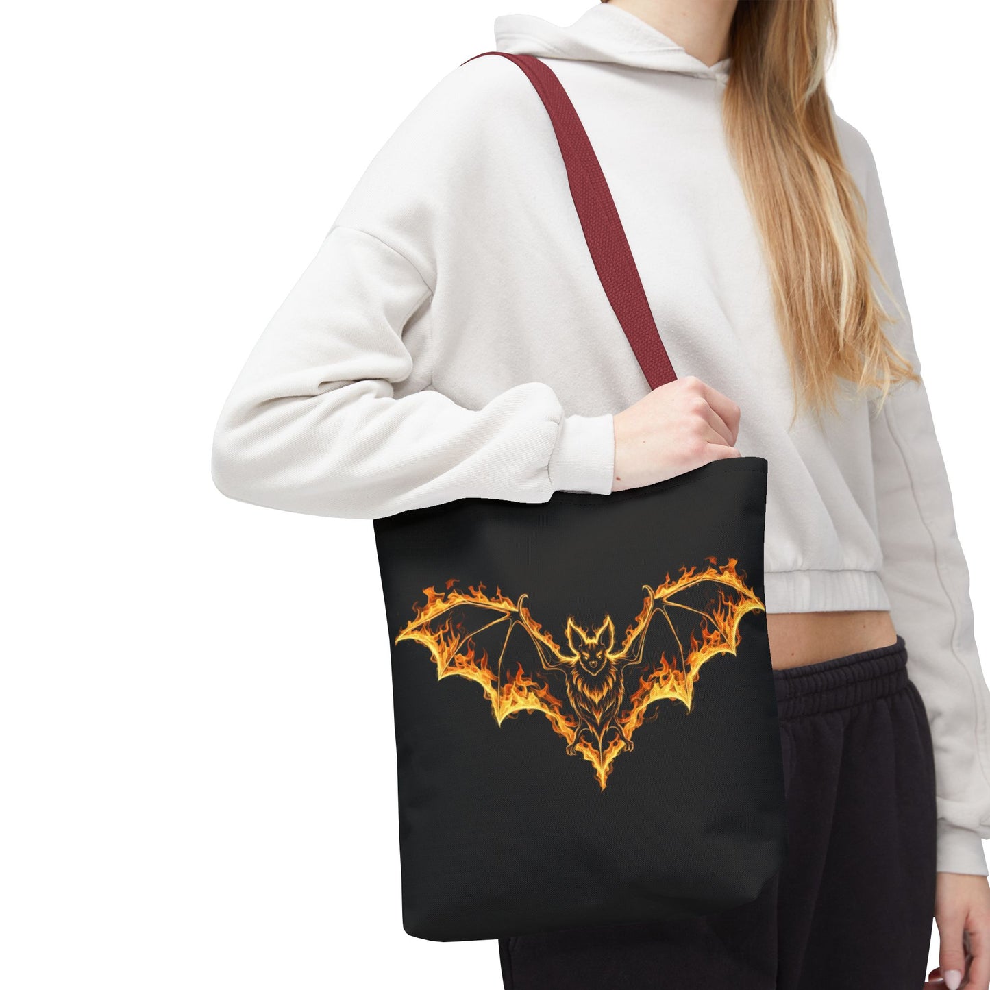 Flaming Bat Tote Bag, Gothic Halloween Canvas Tote, Fiery Wing Bat Design Tote, Spooky Season Accessory, Gothic Gift Tote