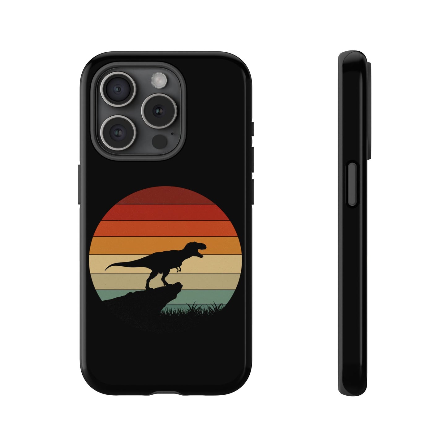 Retro Sunset Dinosaur iPhone Case | T‑Rex Silhouette Vintage Phone Cover for iPhone 14/15/16 Pro | Aesthetic Dinosaur Gift