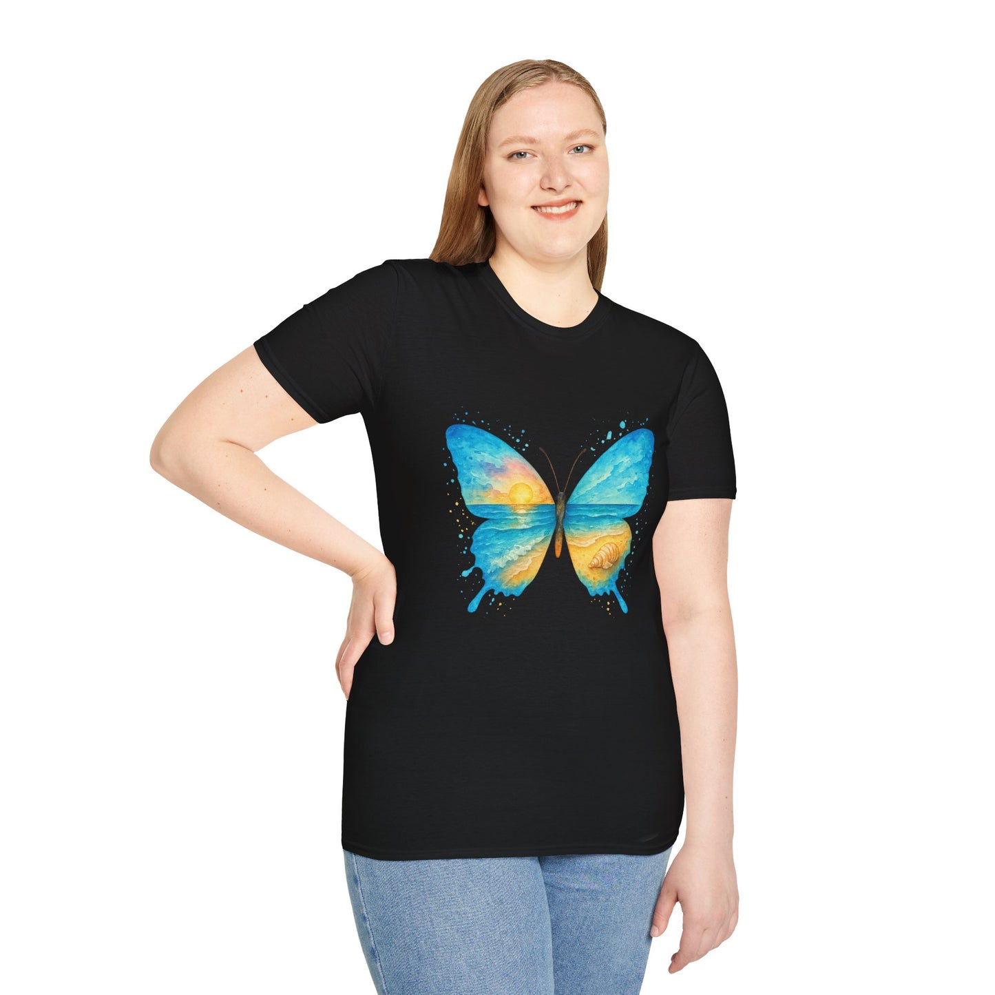 Butterfly Sunset Beach Tee - Scenic Butterfly Graphic Shirt, Nature Lover Gift, Boho Ocean Tee, Unisex Casual T-Shirt