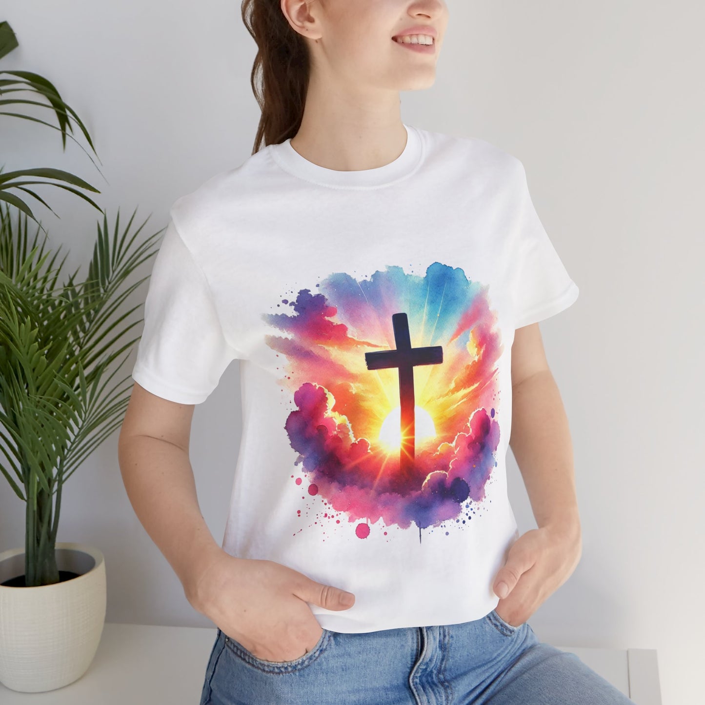 Faith Cross Sunburst Christian Tee | Inspirational Christian T-Shirt | Colorful Sunrise Cross Shirt | Faith Gifts for Women Men