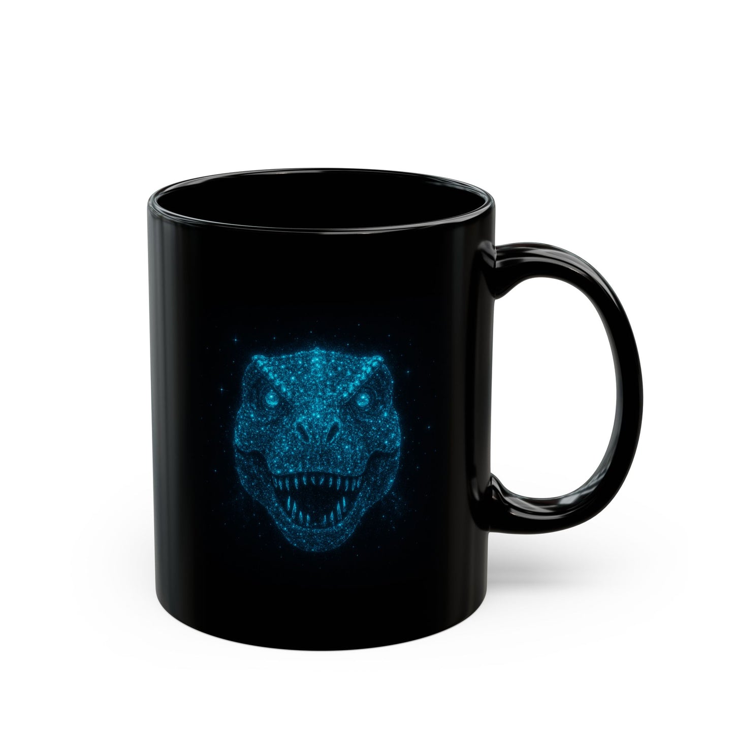 Galaxy Dinosaur Coffee Mug • Neon Blue T-Rex Cup • Cosmic Dinosaur Art Mug • Sci-Fi Dino Gift • Black Ceramic Coffee Mug 11oz 15oz